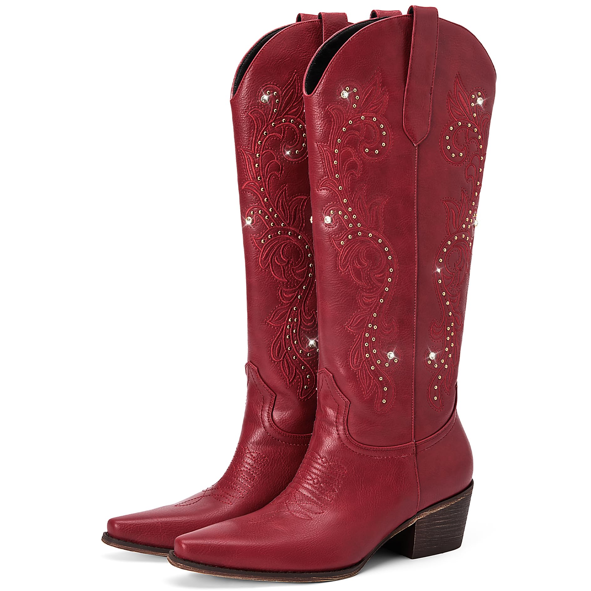 Cowboy Boots for Women Wide Calf Cowgirl Boot Embroidered Western Square Toe Chunky Heel with Studs Pull On