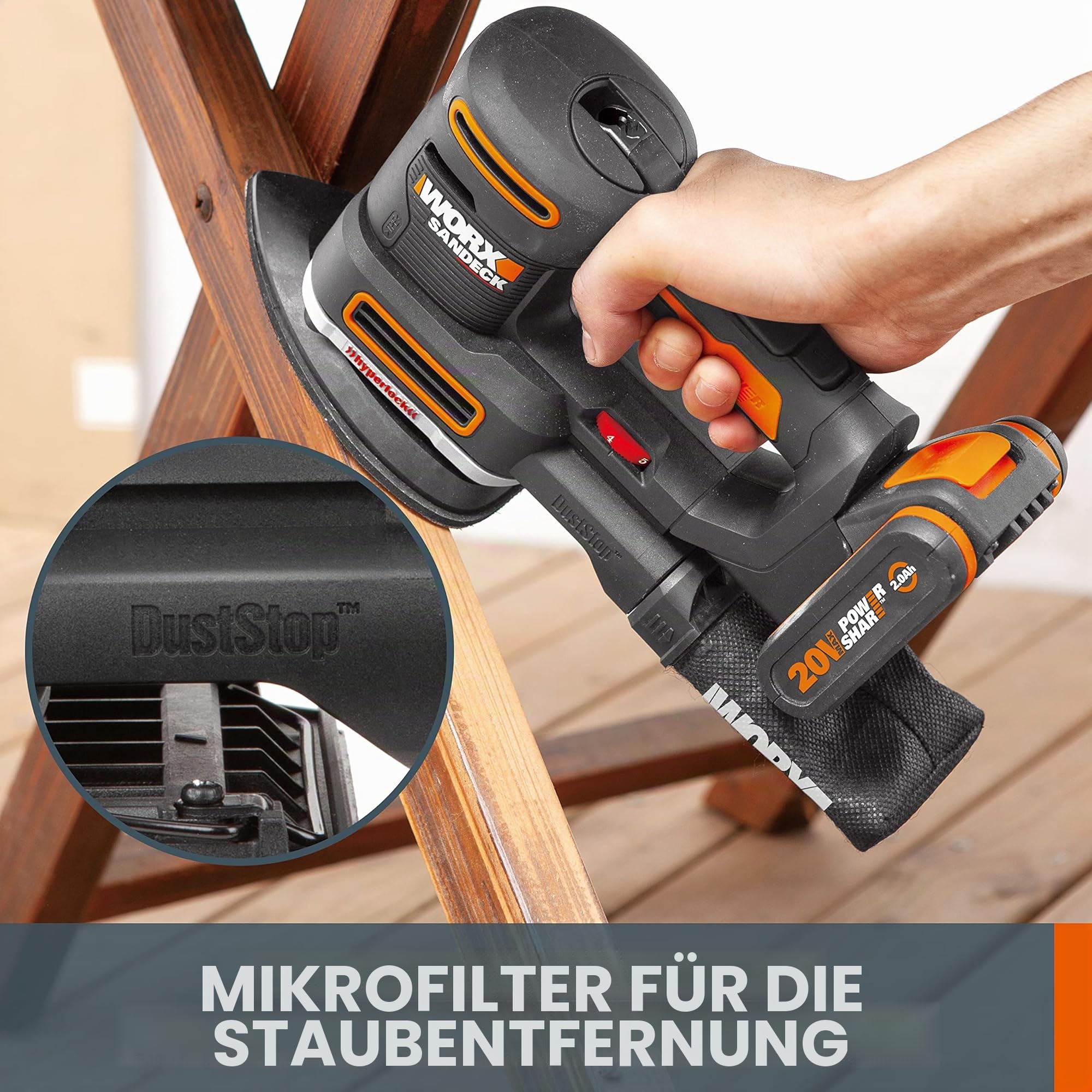 WORX WX820.9 Akku-Multischleifer – 5-in-1 Funktionen: Exzenter-, Fein-, Detail-, Konturen-, und Fingerschleifer – variable Geschwindigkeit – PowerShare kompatibel – Ohne Akku & Ladegerät, Schwarz