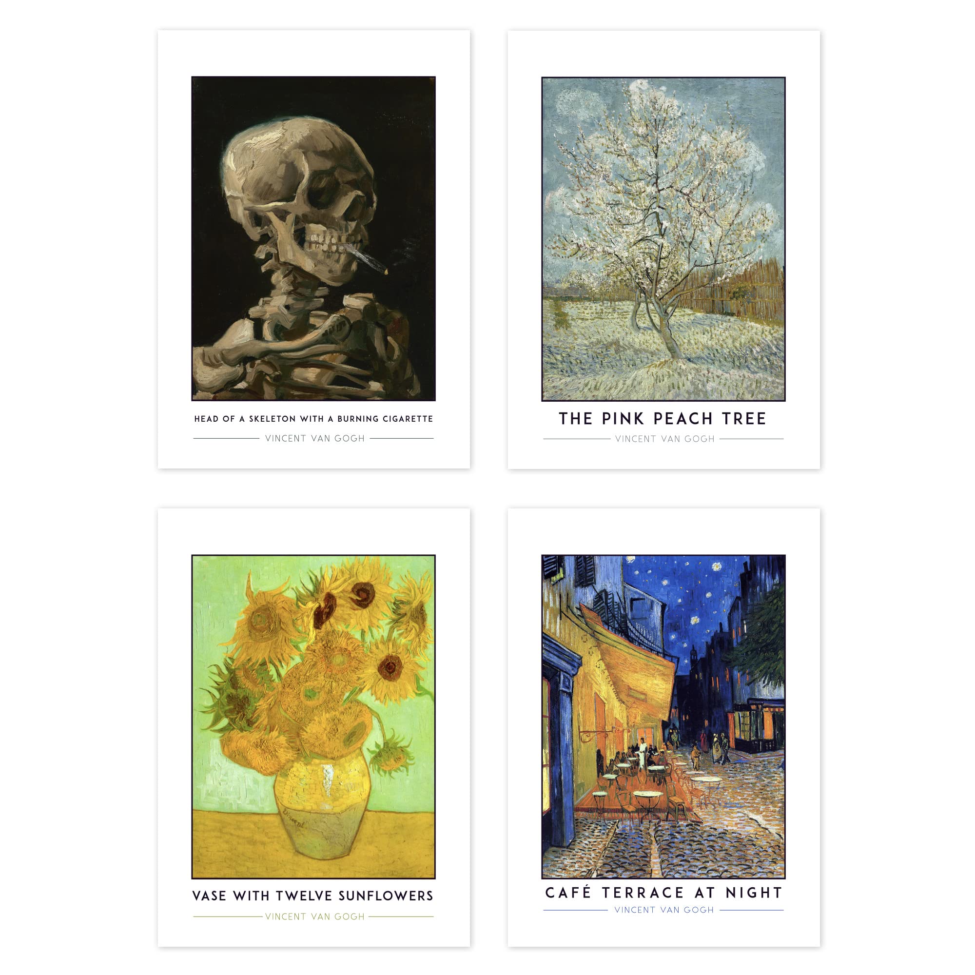 Wee Blue Coo Van Gogh Four Pack Classic Paintings Van Gogh Skeleton Cigarette Pink Peach Tree Twelve Sunflowers Café Terrace A4 Poster Pack Of 4 Wall Art