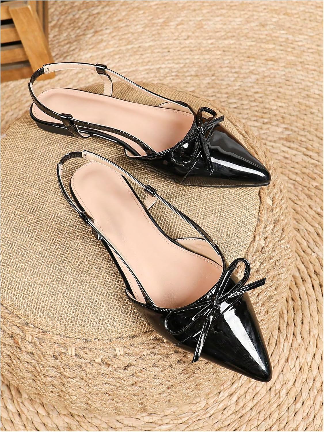 Women's Slingback Flat Bow Leather Pointed Toe Low Heel Ballet Flats Sandals Dressy Party Work Shoes - Image 2
