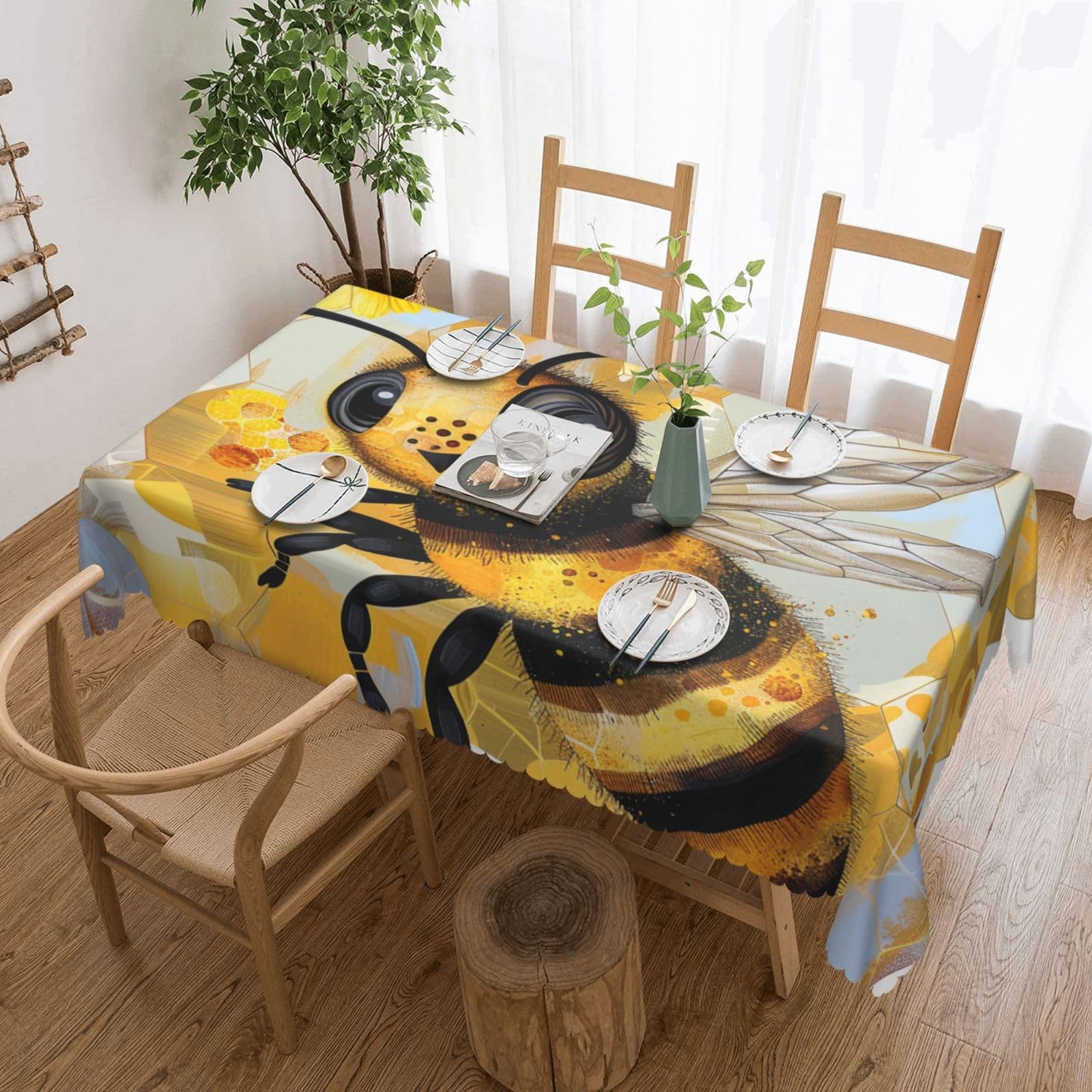 WPKJU Honey Bee Art Printed Rectangle Tablecloth 72x54 Inch with Lace Trim, Water-Resistant Washable Table Cover for Farmhouse Weddings, Outdoor Picnics & Holiday Dining