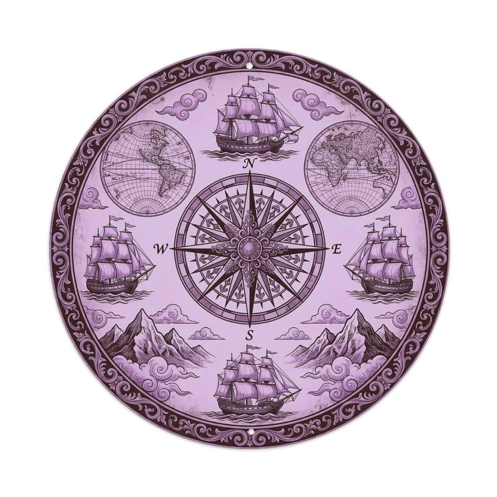 Vintage Nautical Compass World Map Papyrus Legacy Metal Tin Sign