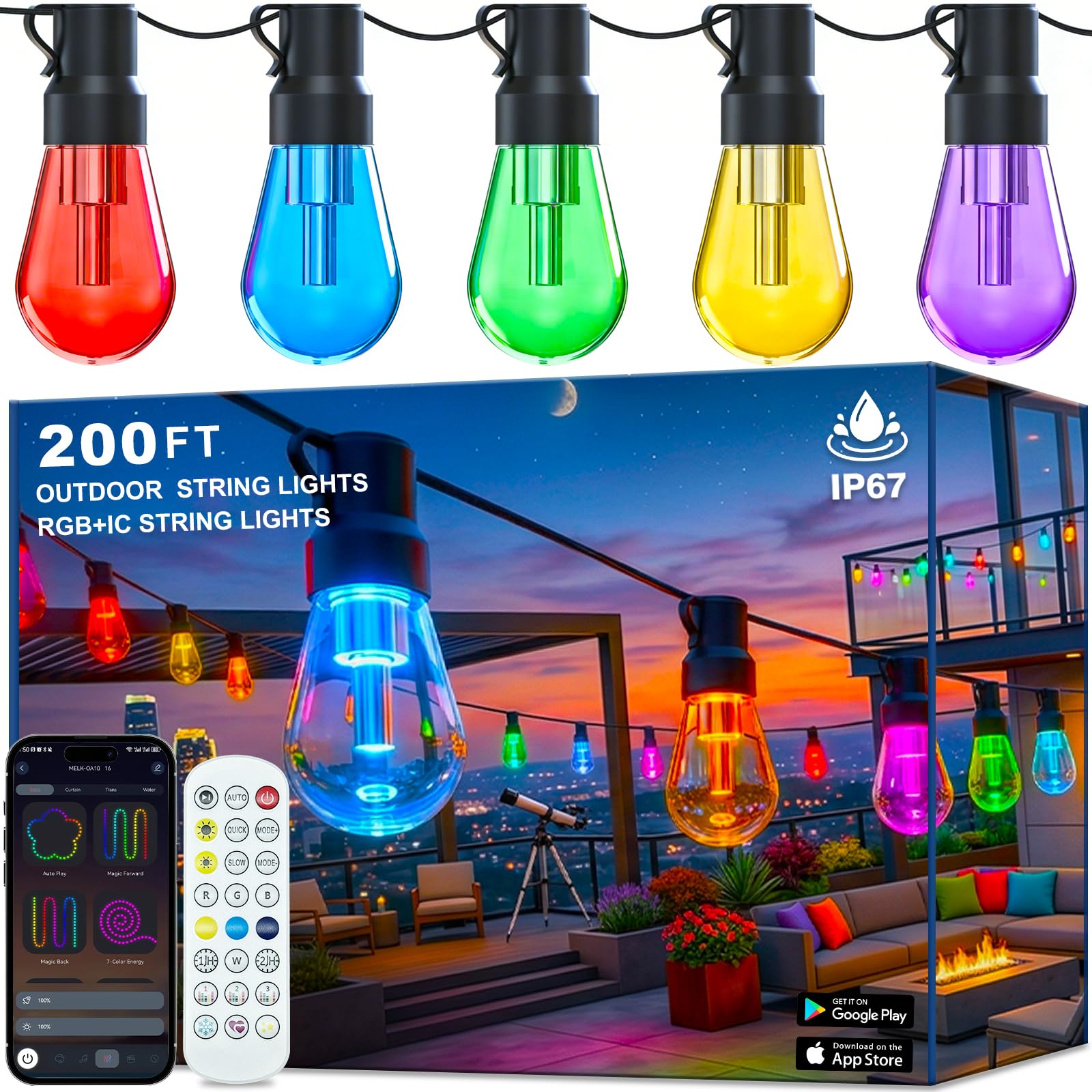 Photo 1 of Outdoor String Lights,200FT Smart RGB+IC Patio Lights with Shatterproof LED Bulbs ,Outside Light Dimmable Patio for Decor DIY IP67 Waterproof ,Courtyard, garden,Holiday,LED lights more Scene Modes