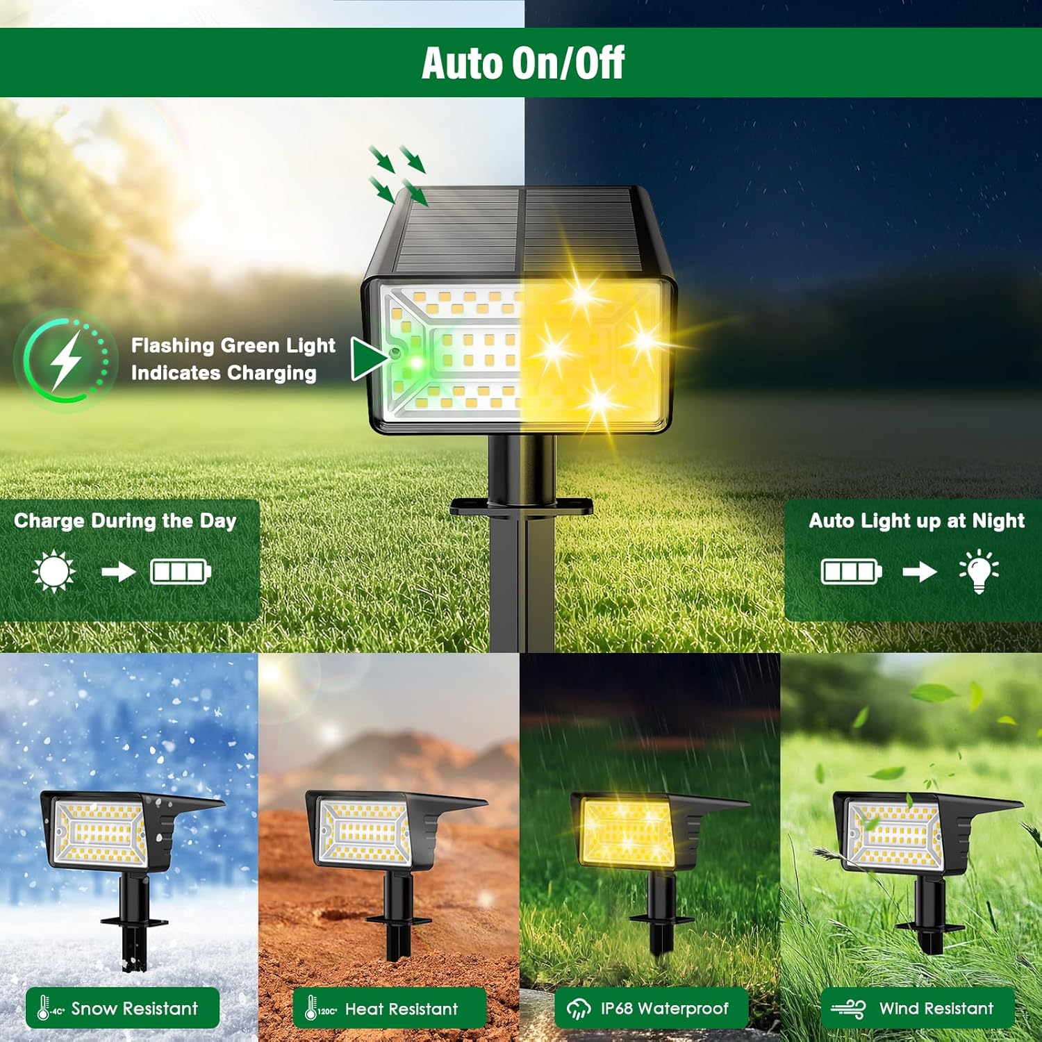 Solar Spot Lights Outdoor with 60 LED & Auto On/Off, 4 Pack Solar Lights Outdoor Waterproof IP68 with 3 Lighting Modes, 2-in-1 Solars Landscape Light for Outside, Garden, Yard(Warm White)