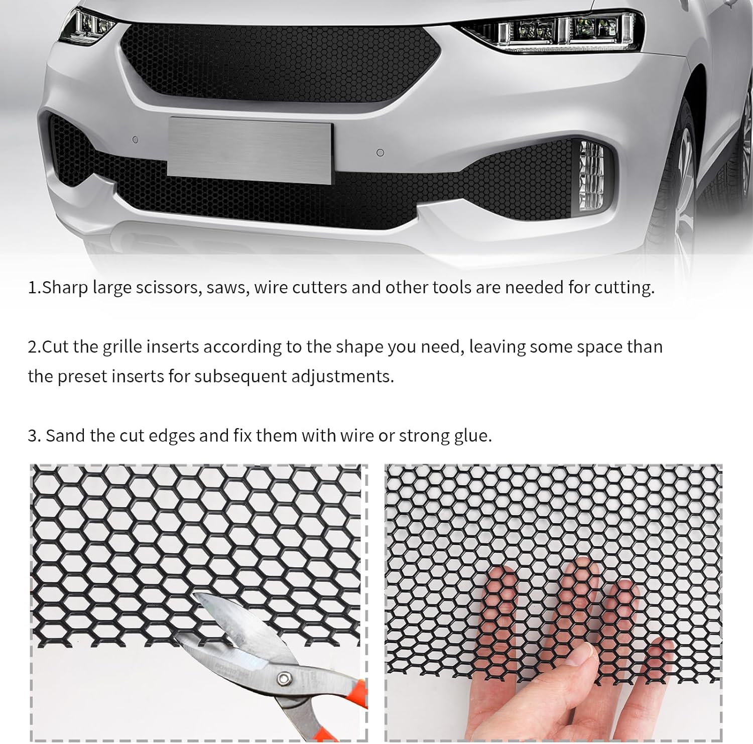 40x13" Car Grill Mesh for Bumper,Cuttable Metal Mesh Grill with 6mm Honeycomb Meshes Eyelets for Blocking Stones/Branch,Aluminum Alloy Car Metal Meshes Screen Grille Inserts (6mm Hexagonal/Black)