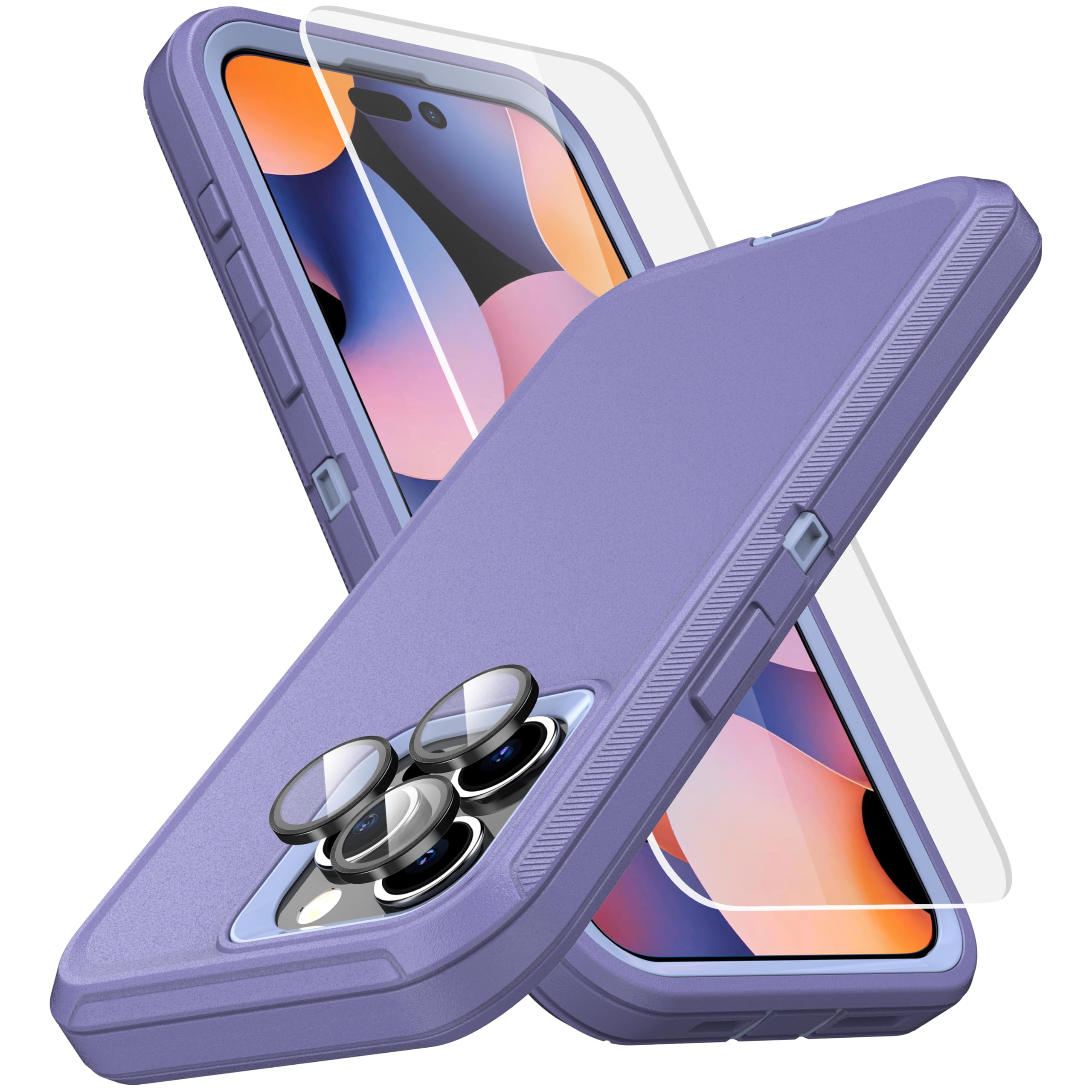 MXX Heavy Duty Made for iPhone 15 pro Case with Tempered Glass Screen, Camera Lens Protector 3-Layer Full Body Protection Shockproof Dustproof Cover for 15 pro Phone Case 6.1" (Light Purple)