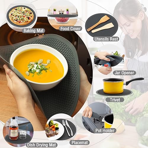 Miniatura 9 de Cubierta y alfombrilla de alimentos para microondas de 12 y 10 pulgadas, tapa de plato plegable con ventilación grande y alfombrilla de cocina