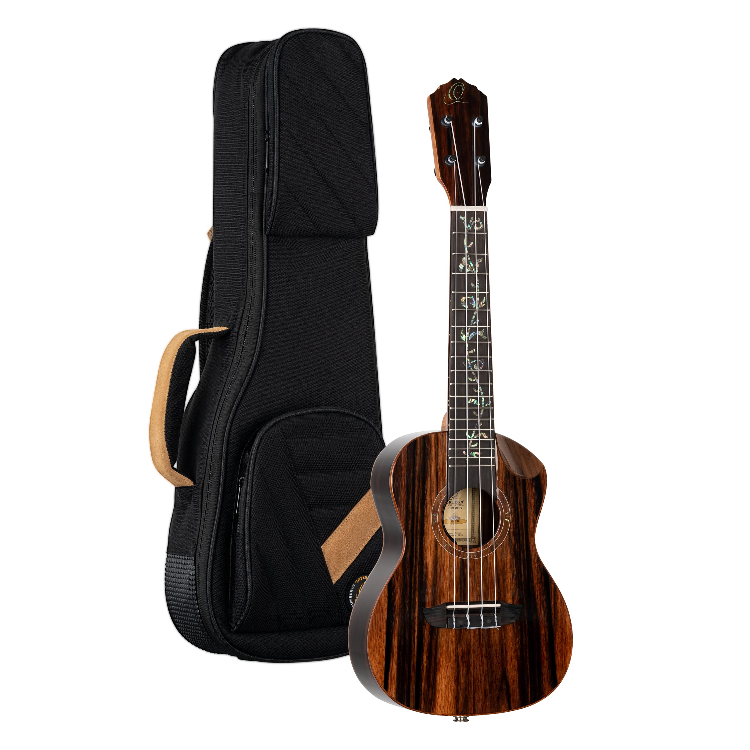 Ortega Guitars Ukulélé Concert Électro-Acoustique – Série Elite – Housse Incluse – Ebène, Naturel (RUET-EB)