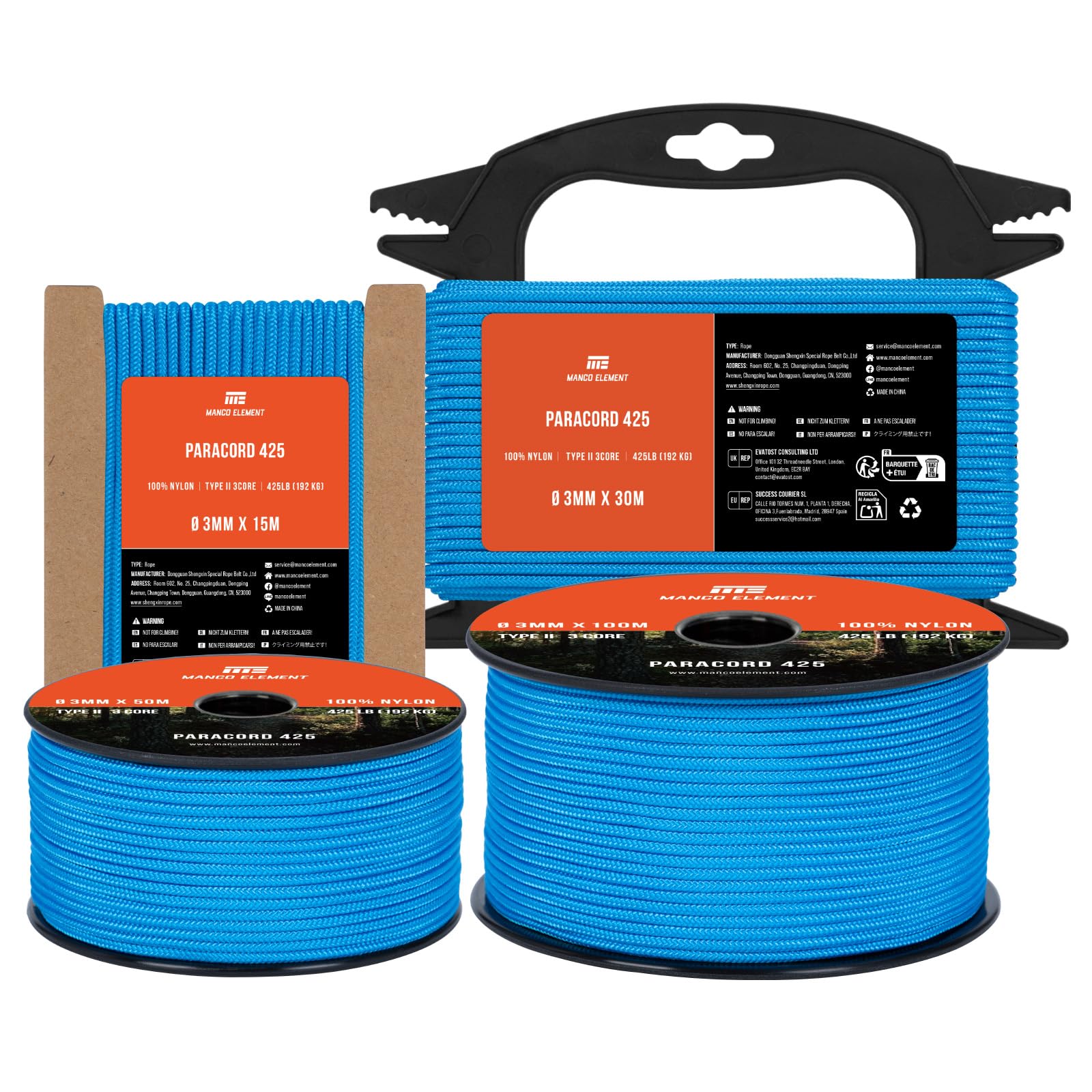 Manco Element 3mm Paracord 425 Type II 15m Blue | 100% Nylon Rope 3 Strands Tactical Cord | Ideal for Outdoor, Camping, Survival, Crafting, DIY