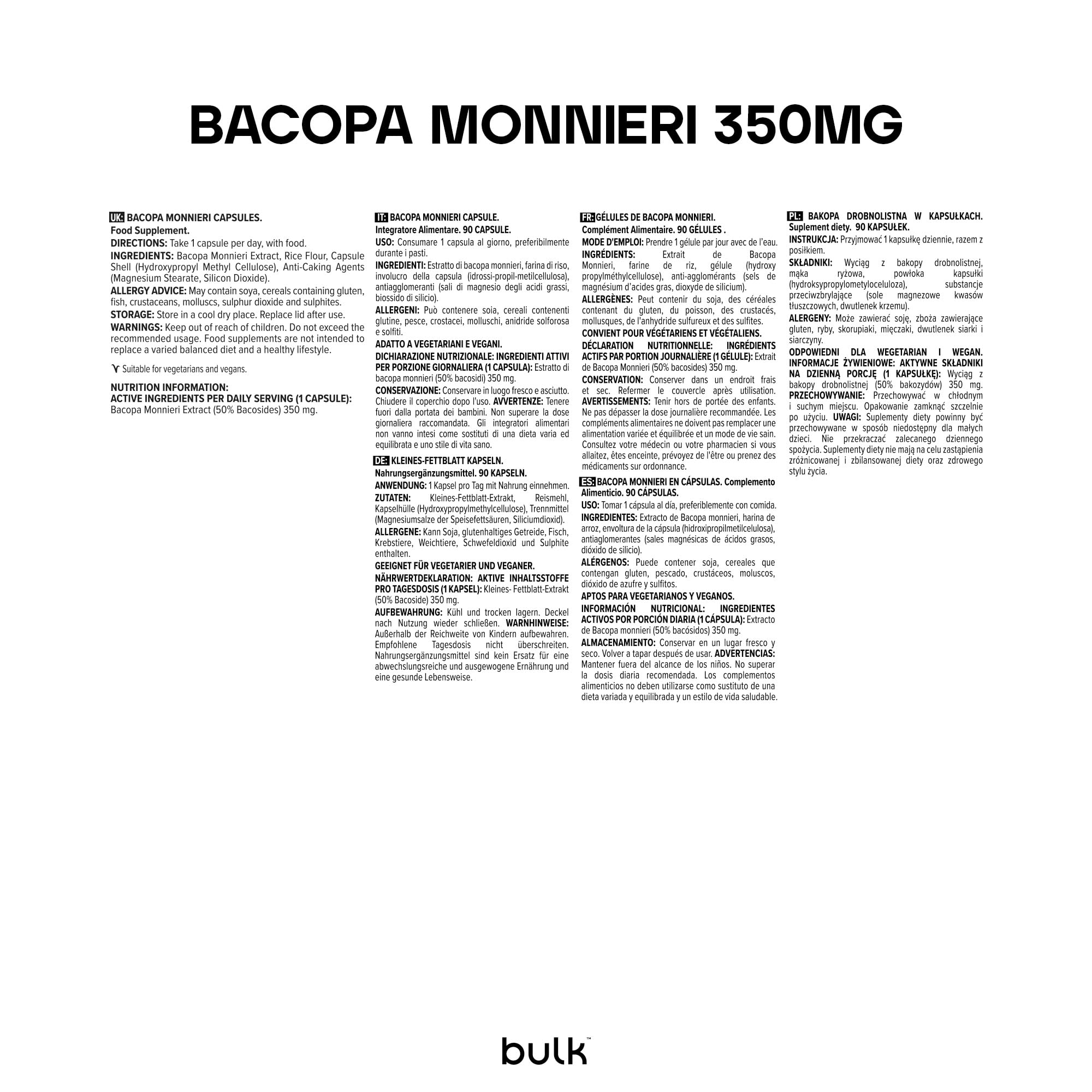 Bulk Bacopa Monnieri in Capsule 350mg, 350 mg, 90 Capsule, 90 porzioni