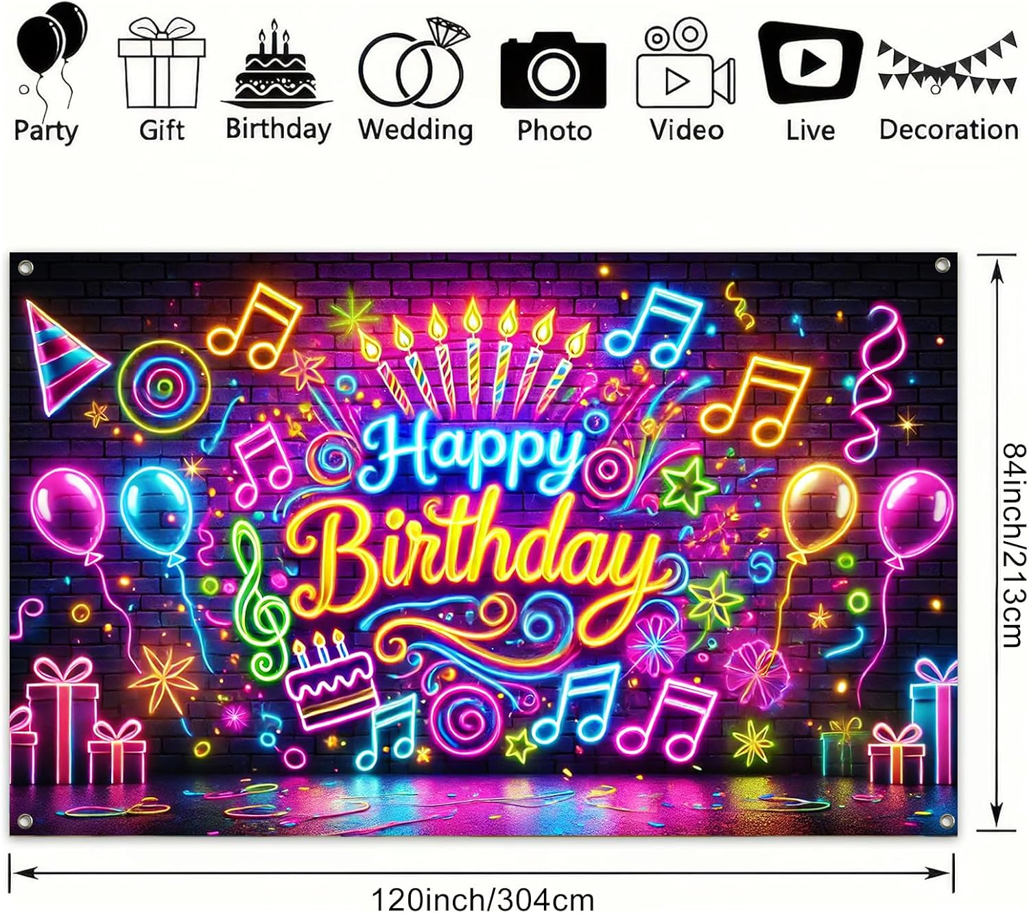 BlissYard Happy Birthday Banner Neon Decrations Backdrop 120x84 Inch Glow in The Dark Party Background Decorations with Balloons Music Notes and Fun Confetti Banners For Girls or boys gifts