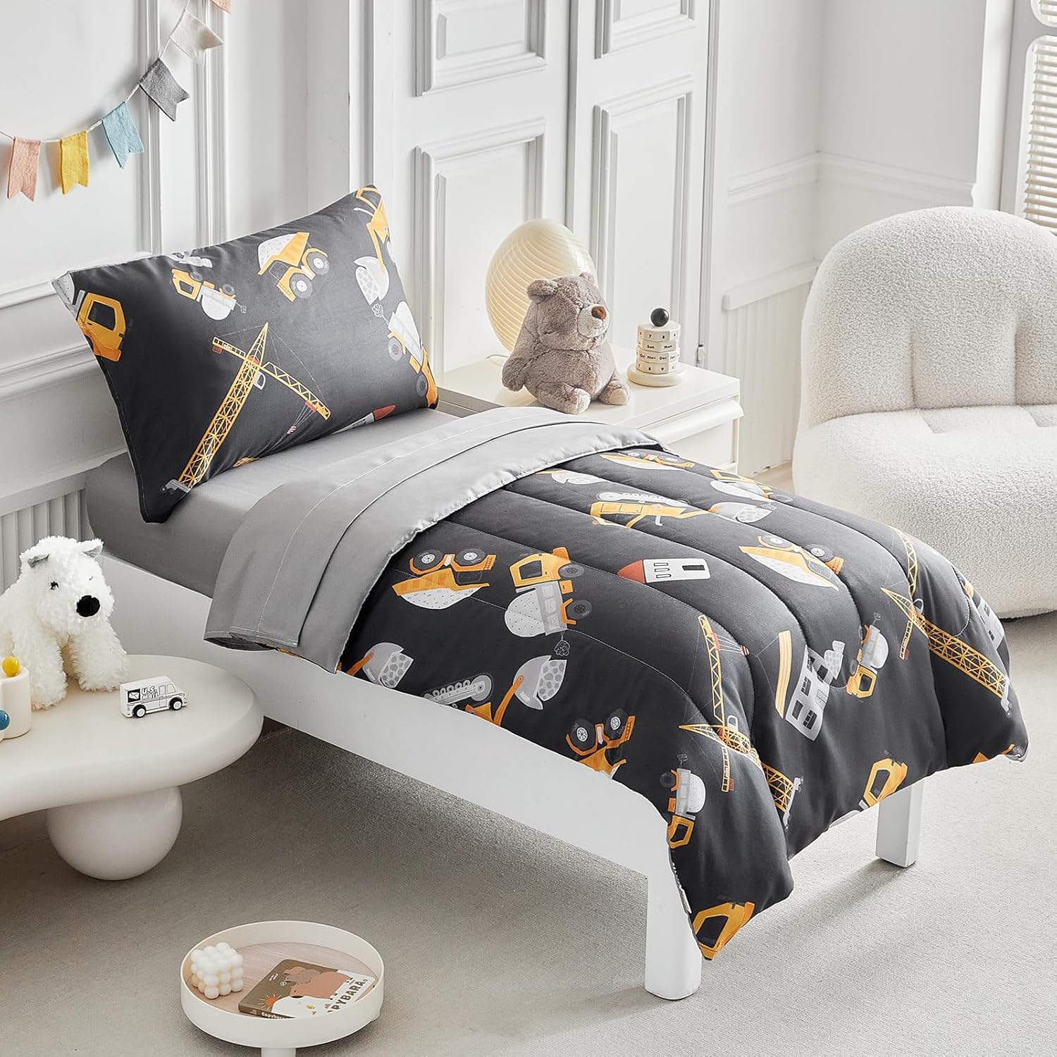 4 Pieces Toddler Bedding Set for Boys Toddler Bed Set Cute Toddler Bed in a Bag with Sheet Set and Pillow Shams - Construction Yellow Engineering Vehicle with Bulldozer Tipper Truck Crane Gray