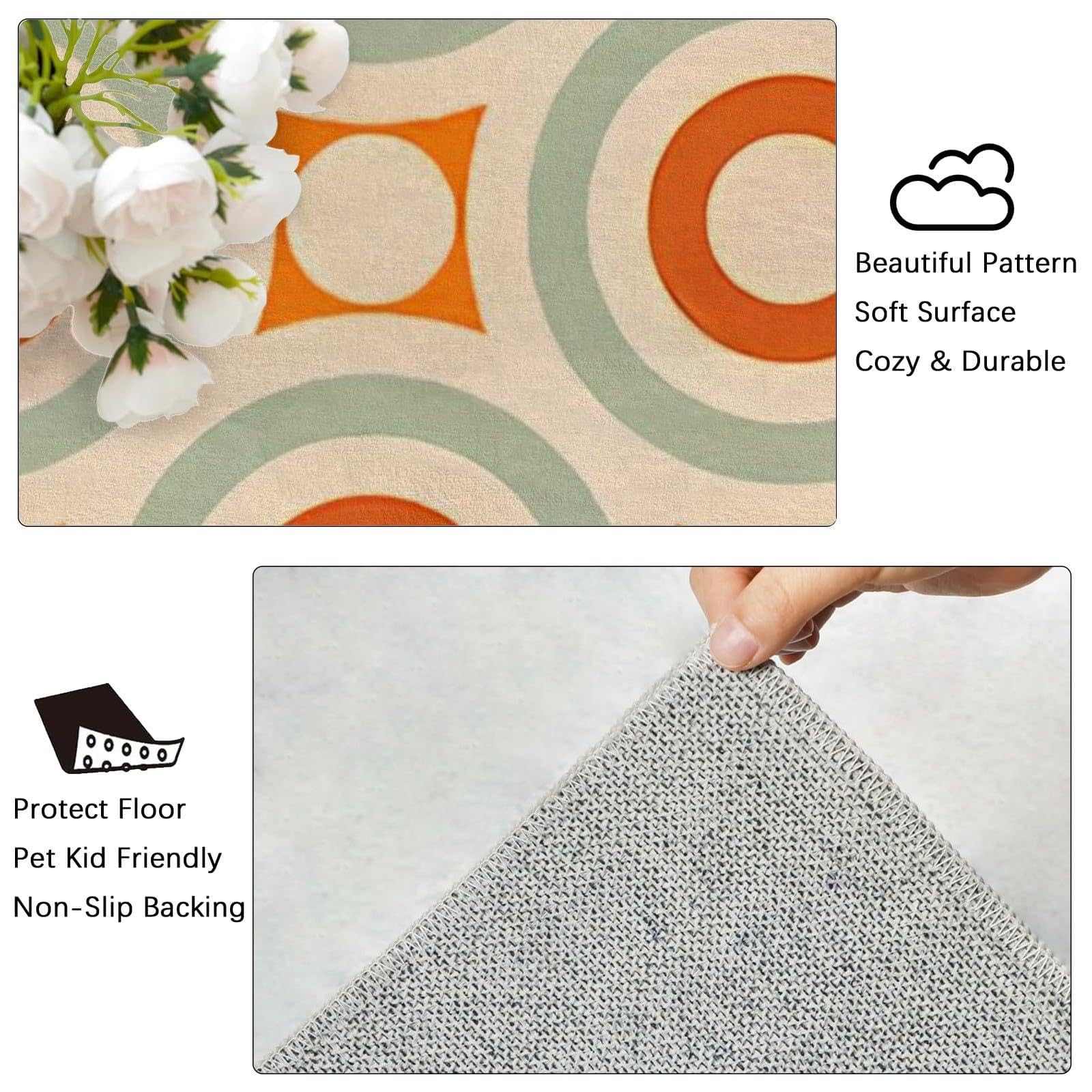 Tapis Lavable Marron Orange 70 x 140 cm, Motif bohème, Cercle géométrique, pour Chambre à Coucher, Cuisine, Couloir, Fin, antidérapant, résistant aux Taches, Pliable, pour intérieur
