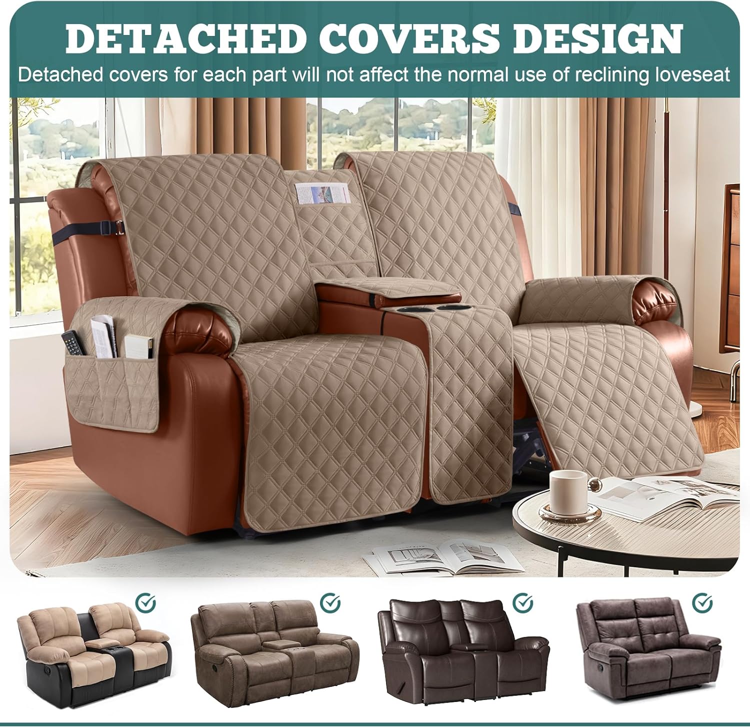 Ruaozz Waterproof Loveseat Recliner Cover with Console Non-Slip Reclining Couch Covers Split Sofa Slipcovers with Elastic Straps Furniture Protector for Kids, Dogs, Pets (Light Brown, 2 Seater)