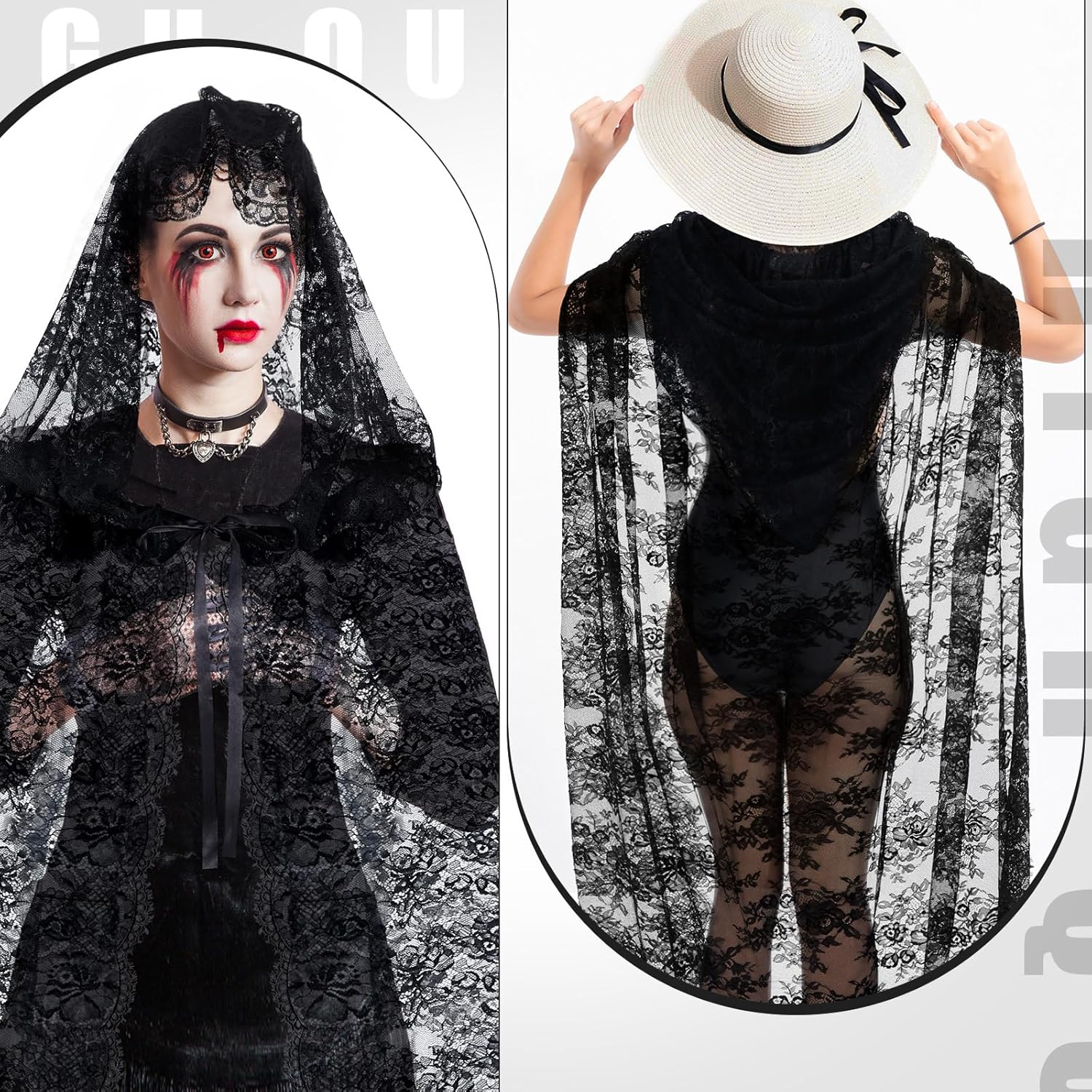 Witch Black Hooded Cloak for Women Gothic Lace Snake Pattern Short Sheer Cape for Vampire Cosplay Costume - Image 4