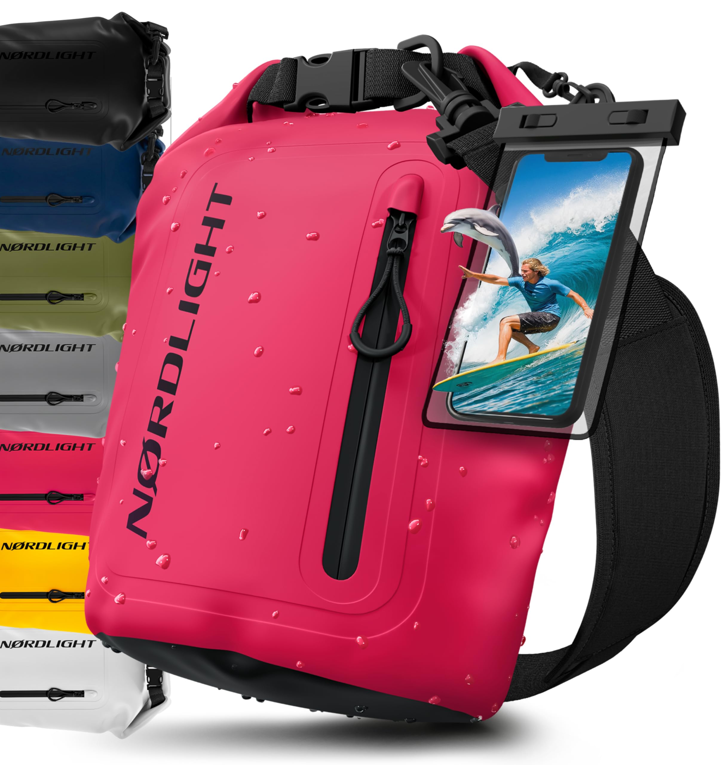 Nordlight Dry Bag wasserdichte Tasche mit Handyhülle + Roll-Top, Schultergurt | Drybag wasserfester Rucksack Beutel Packsack Seesack Wassersack Wetbag | Baden Schwimmen Strand SUP – Pink, 5 Liter