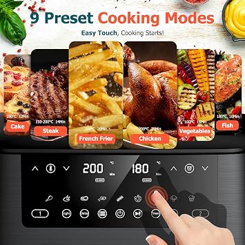 9L Dual Air Fryer with Visual Window, XL Large Capacity, 2 Drawers, 9-In-1 Cooking Presets, Touch Screen, Smart Finish, Timer Function, Dishwasher-Safe, Healthy Oil Free & Low Fat Cooking