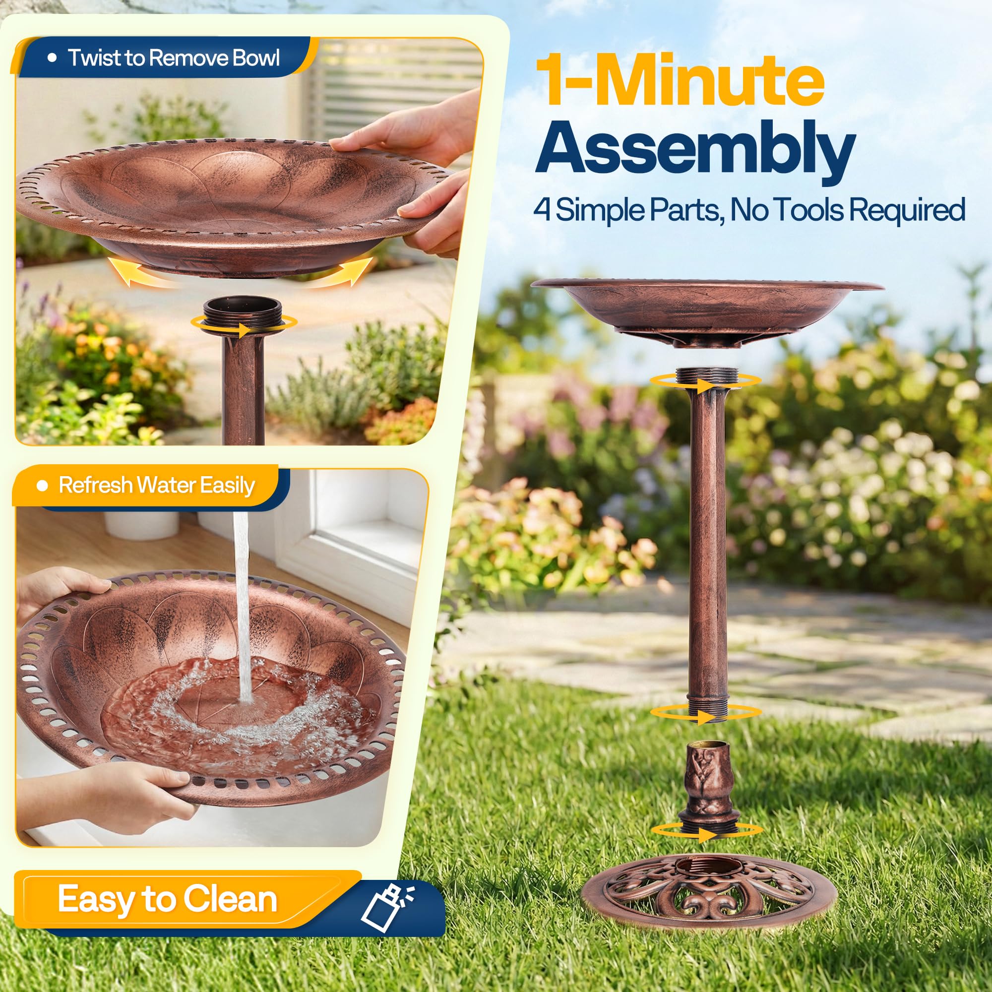VIVOHOME Polyresin Antik Outdoor Bronze Garten Vogeltränke und solarbetriebene runde Teichbrunnen Kombi-Set | Solarpumpe aus wetterbeständigem Polyresin, 50,8 cm Schale, für Outdoor/Garten, Vogelfreundlich, leicht zu reinigen
