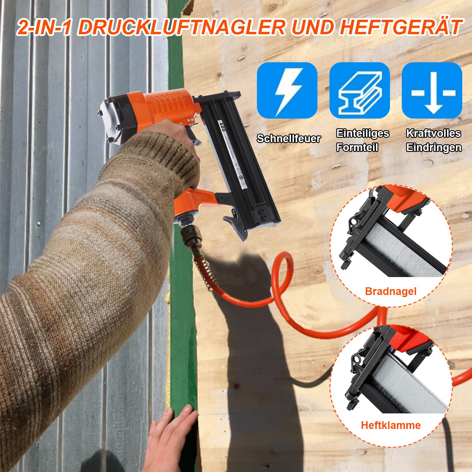 Clavadora de aire comprimido, calibre 18, grapadora de precisión para carpintería, color naranja y negro