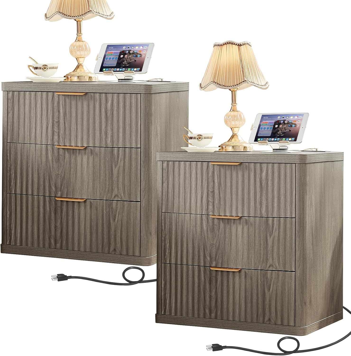 LEYAOYAO 23" Wide Fluted Farmhouse Night Stand Set of 2 with Charging Station, 3 Drawers Large End Table w/Metal Handle,Grey Nightstand Bedside Table,Wood Dresser for Bedroom, Closet