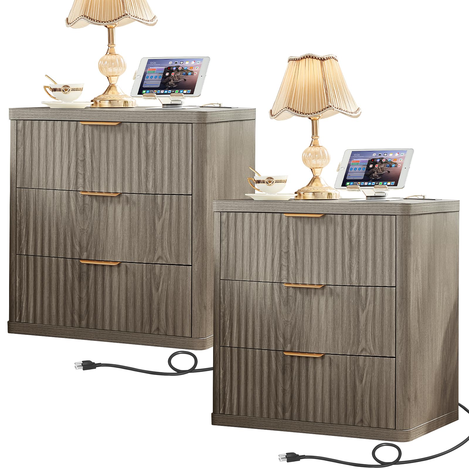 LEYAOYAO 23" Wide Fluted Farmhouse Night Stand Set of 2 with Charging Station, 3 Drawers Large End Table w/Metal Handle,Grey Nightstand Bedside Table,