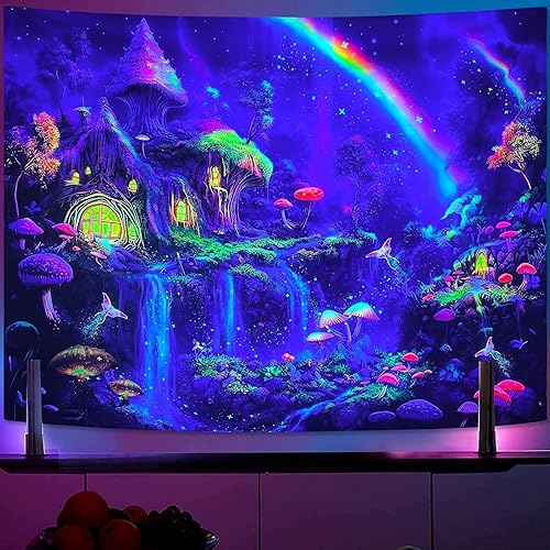Miniatura 3 de Kanuyee Tapiz de luz negra de neón para colgar en la pared, bosque encantado, cascada, tapices para dormitorio, tapices UV, para colgar en la pared