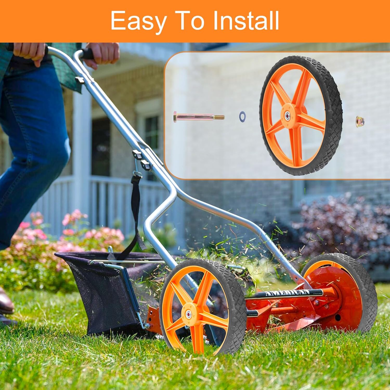 16" Lawn Mower Wheels, 16 x 1.75 Inch Spoked Plastic Wheels, 1/2" Bore, Heavy Duty Replacement Wheels for Push Lawn Mowers, Garden Carts, Yard Equipment And More (2 Pack)