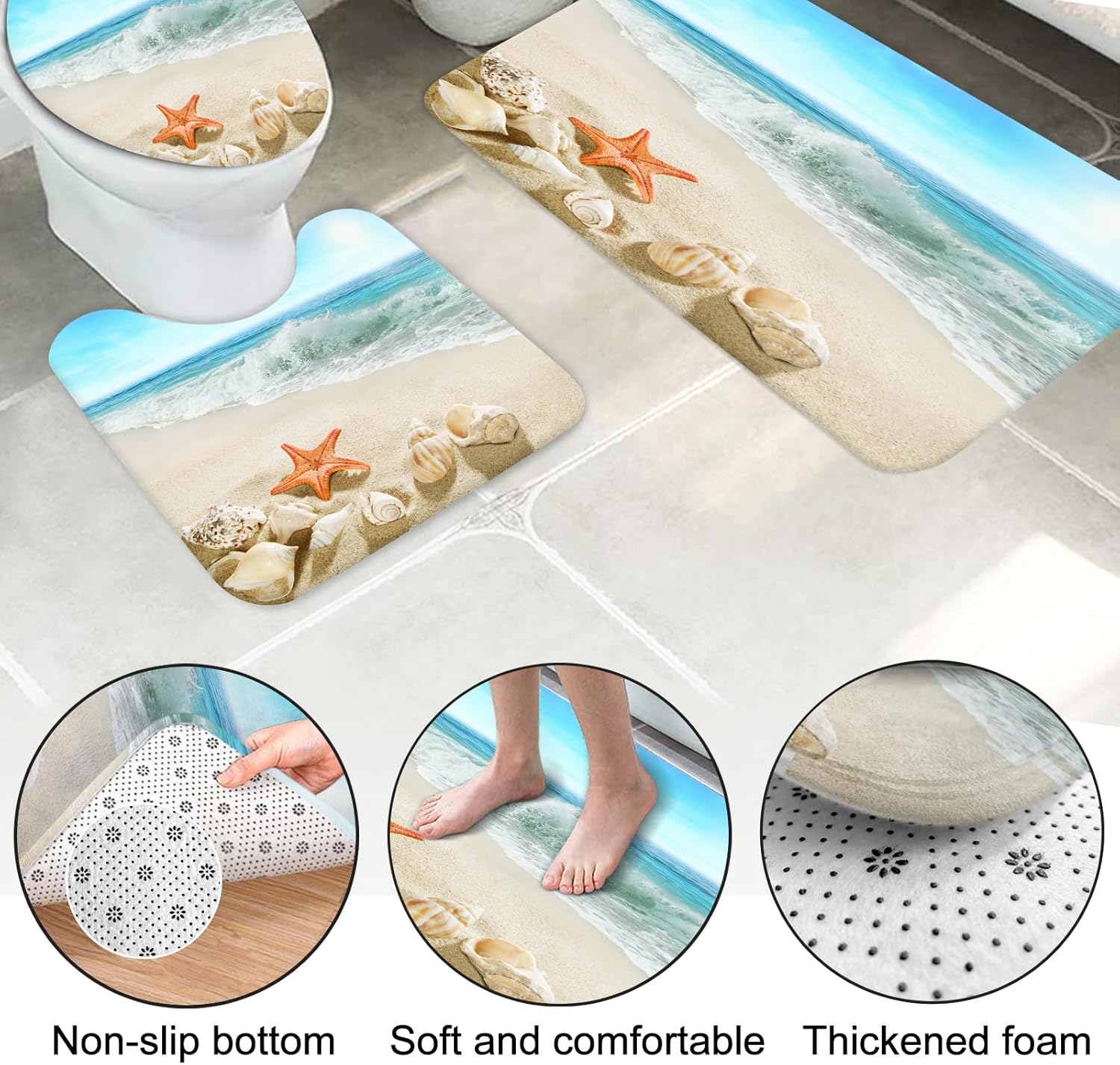 Lnond 4Pcs Summer Beach Bathroom Shower Curtain Sets with Rugs, Sand Starfish Seashell Bathroom Sets with Shower Curtain and Rugs and Accessories