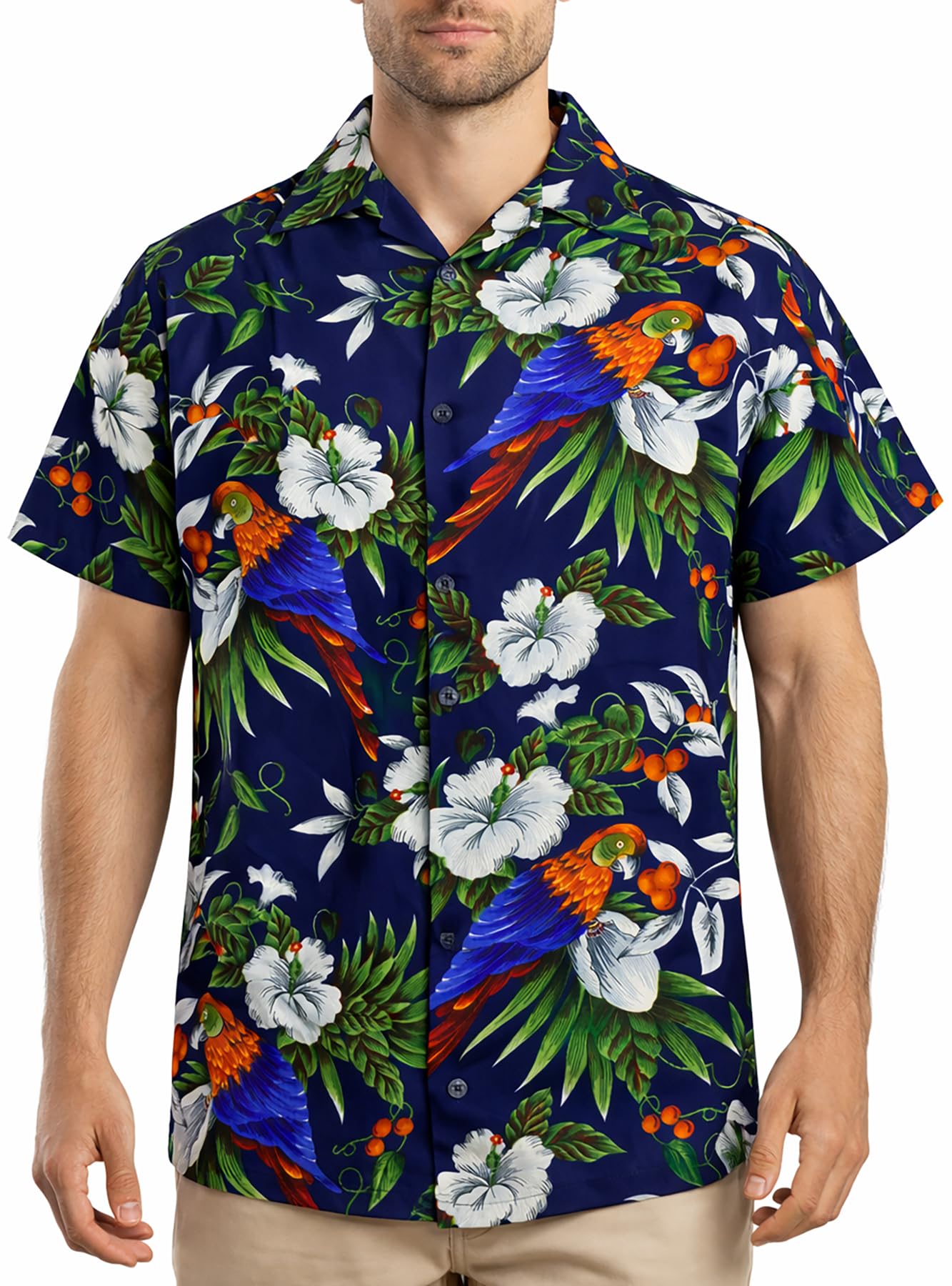 King Kameha Mens Hawaiian Shirt Short Sleeve, Cherryparrot, Dark Blue, XS