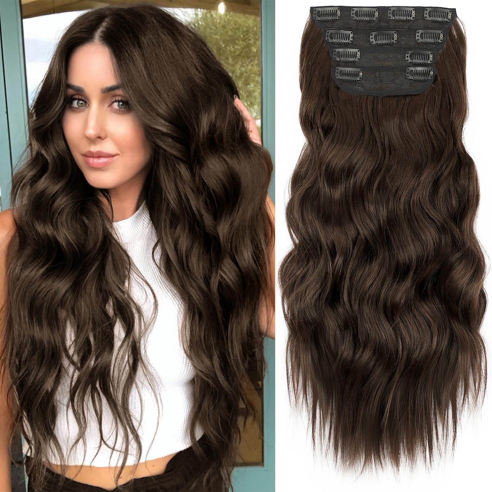 KooKaStyle Clip in Synthetic Hair Extensions Long Wavy 4PCS Thick Hairpieces Dark Chocolate Brown Fiber Double Weft Natural Hair Extensions 20 Inch for Women