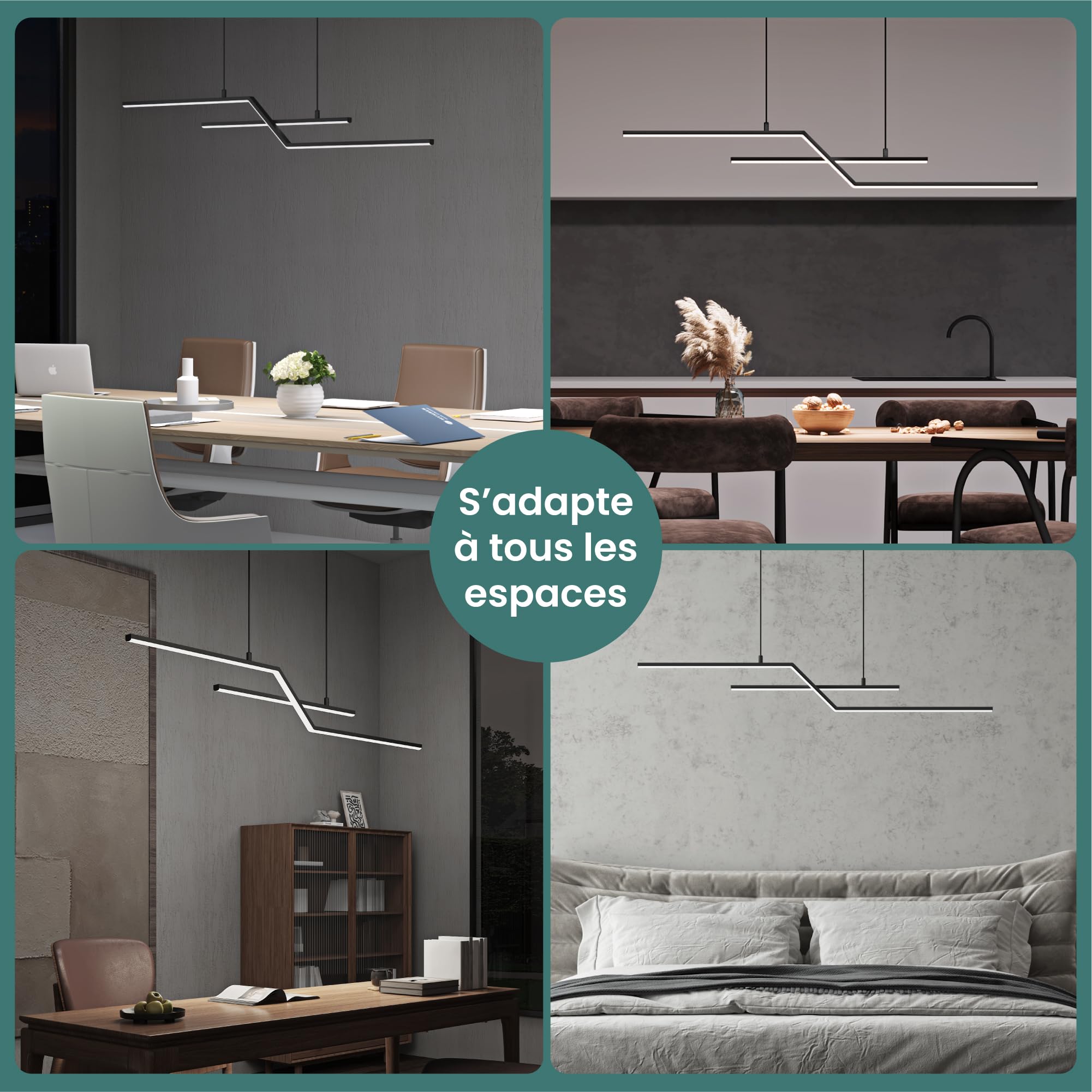 Mai & Mai Lustre 3000/4000/6000K Câble Réglable Lumières Suspension pour Cuisine Chambre Salon Noir 105cm
