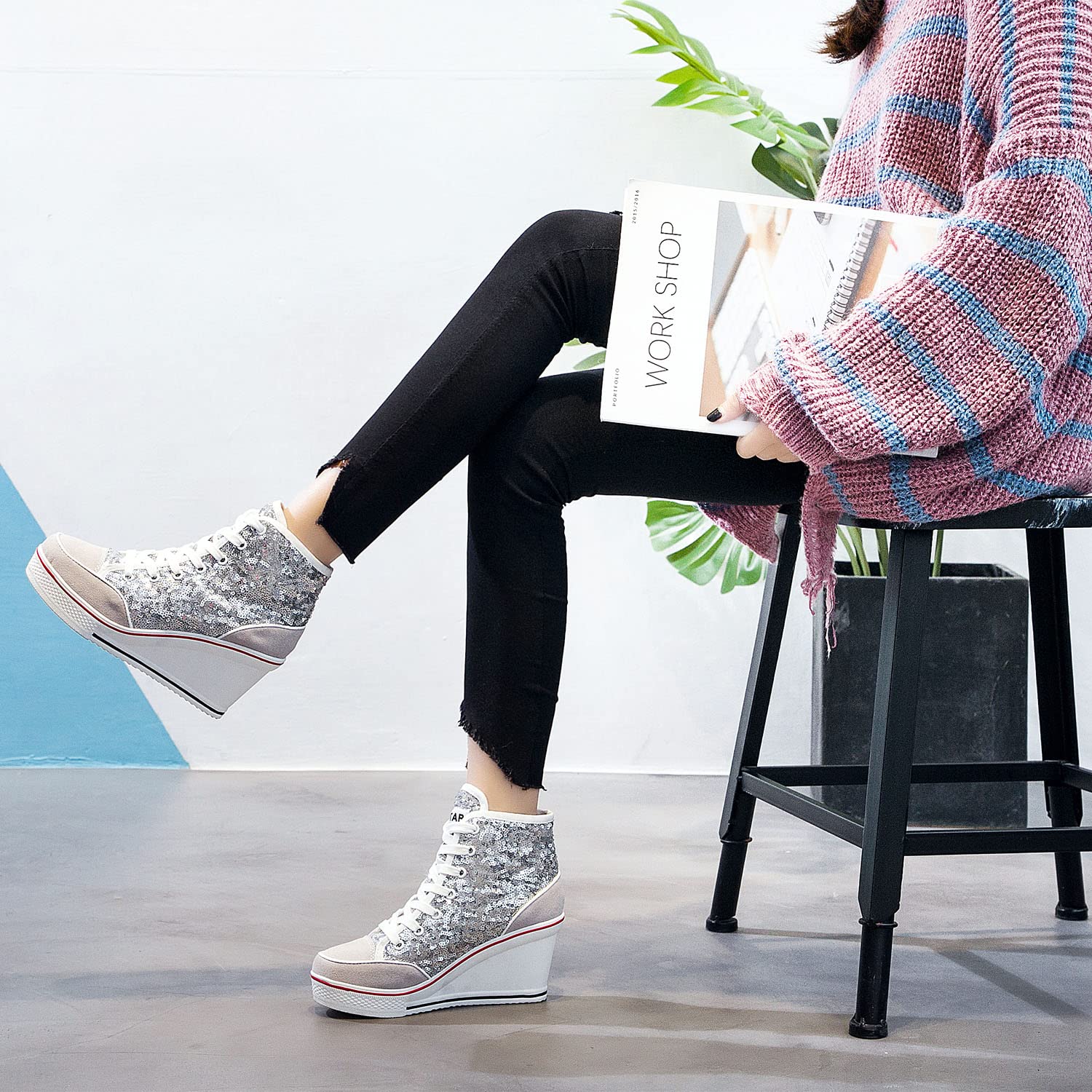 Mujer Cuñas Zapatos De Lona High-Top Tacón 7 CM Zapatos Casuales Talla Grande Zapatillas de Cuña para Mujer Zapatillas de Deporte Zapatillas Altas Primavera/Verano Tacón Cuña