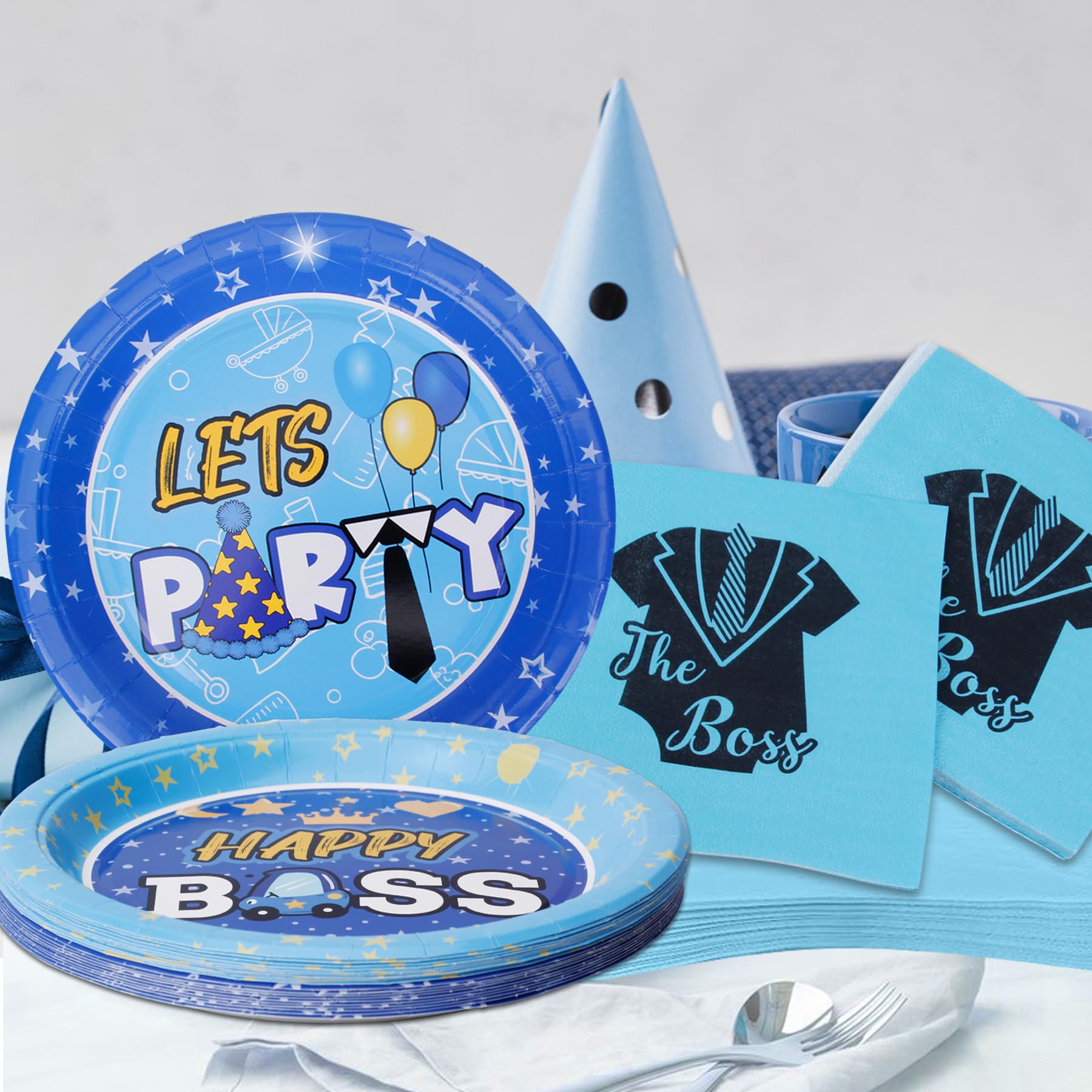 HAPPARTY Serving 20 Guests Boss Birthday Party Supplies - 7in Paper Plates Trays with 4.9in Napkins Tissues for Black Blue Boy Bday Baby Shower
