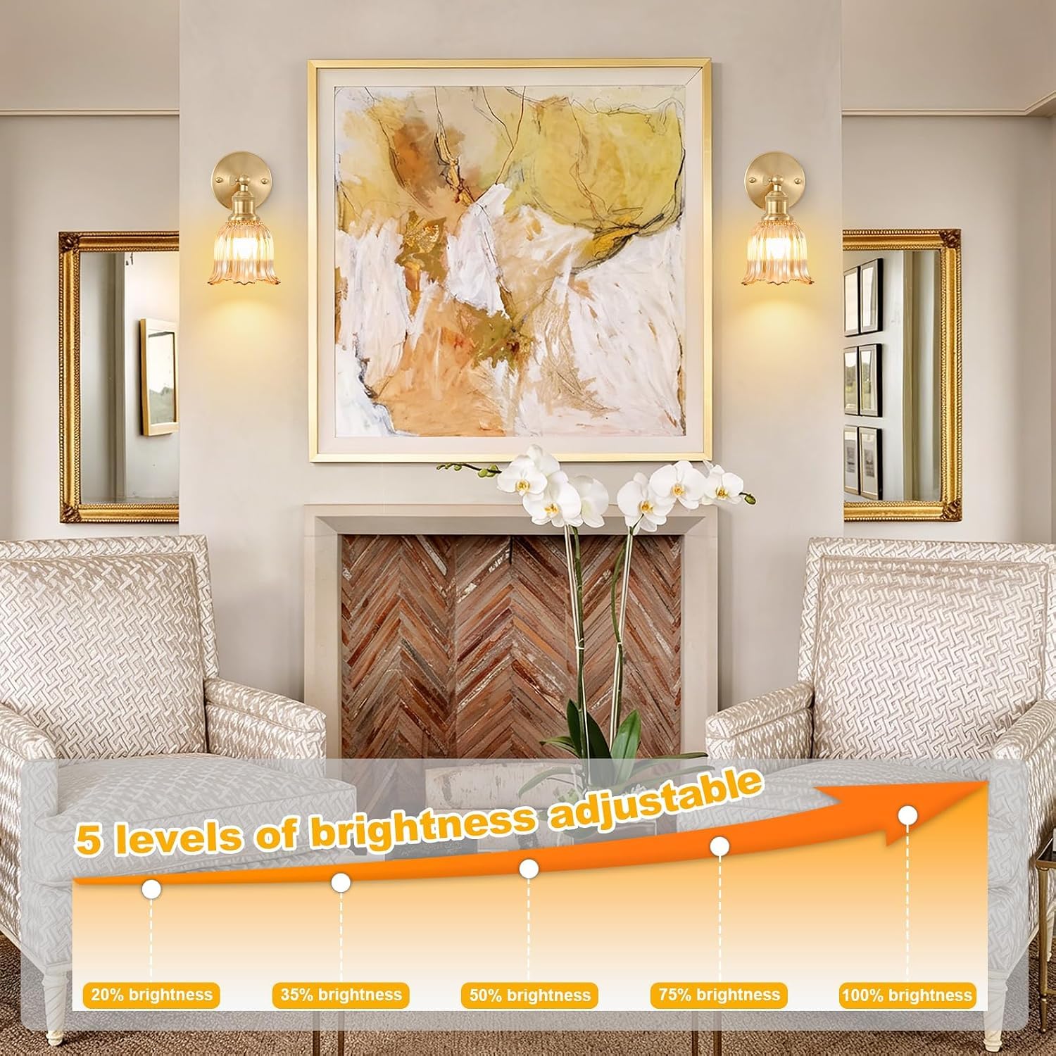 OOWOKS Akku Wandleuchte Innen Gold 2 Stück Dimmbar Wandlampe Ohne Stromanschluss mit Glas Schirm Vintage Nachttischlampe Verstellbar mit Schalter Dimmbar & RGB Speicherfunktion Timer Fernbedienung