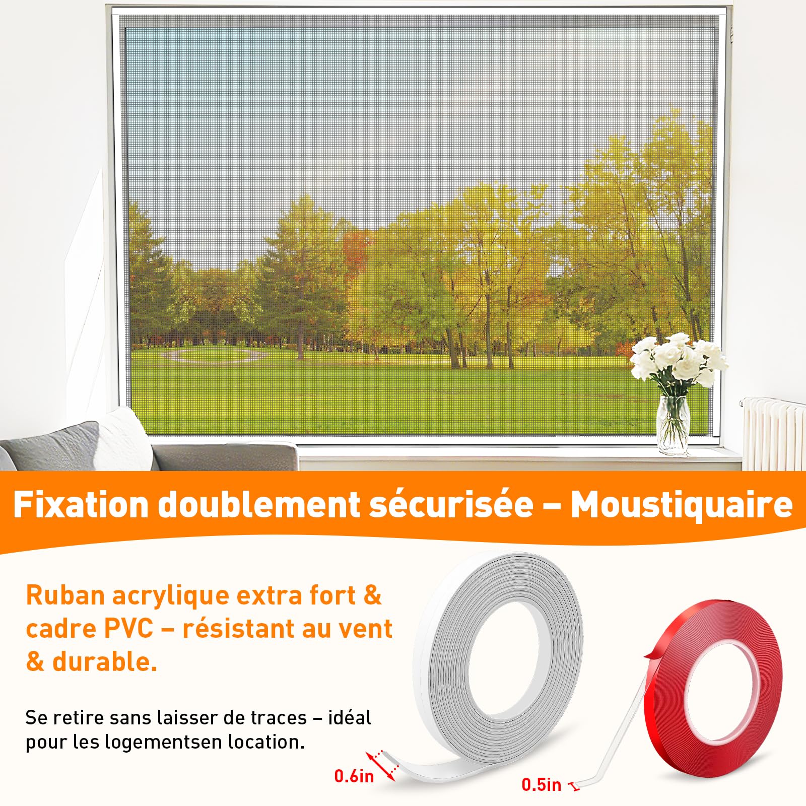 Moustiquaire Fenêtre sans Perçage, 120x130cm, Retire Sans Traces | Filet en Fibre de Verre Anti-Insectes, Résistante aux Intempéries, Bande Auto-Collante, Découpable à la Dimension Souhaitée