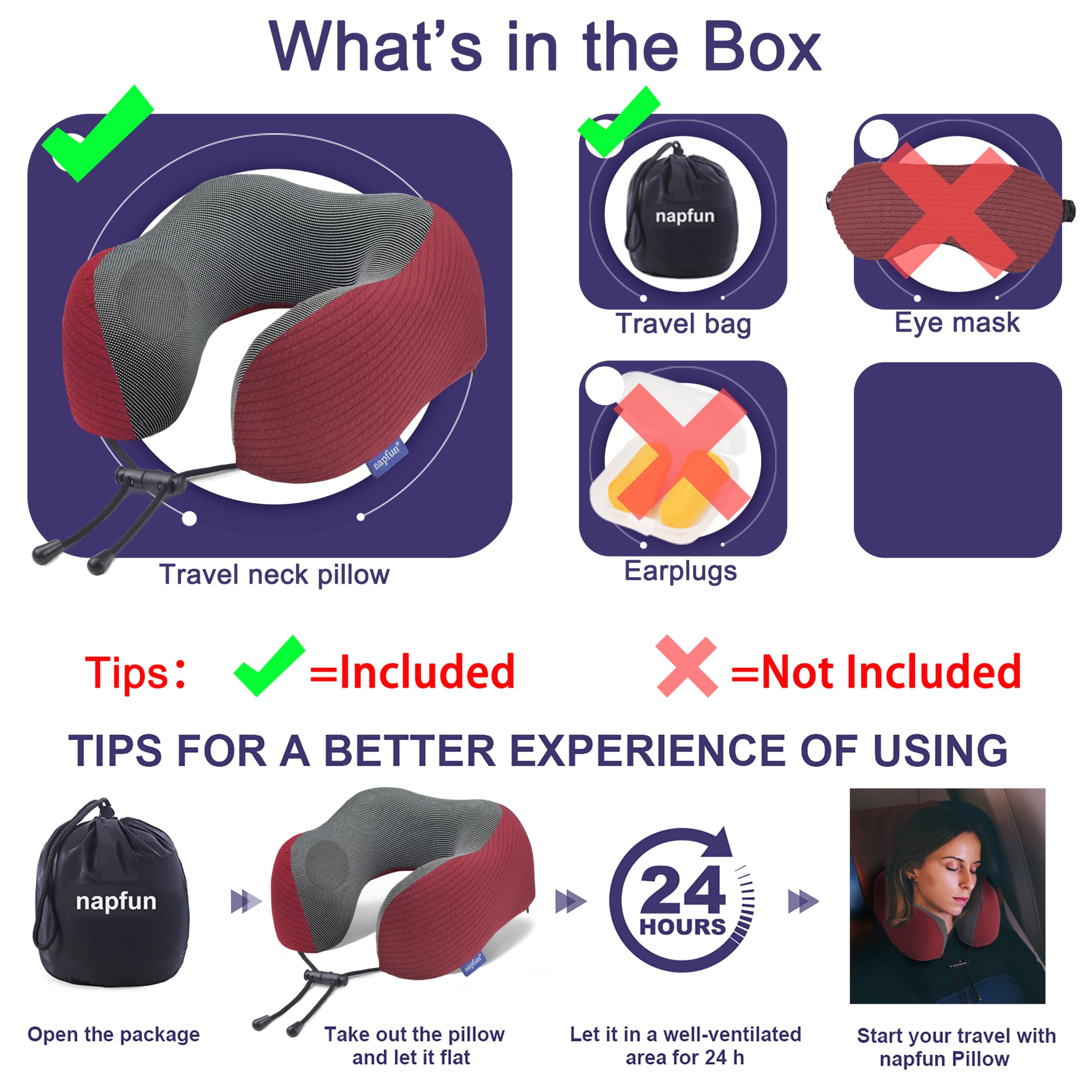 napfun Neck Pillow for Travel, Memory Foam Airplane Pillow, Burgundy view 5