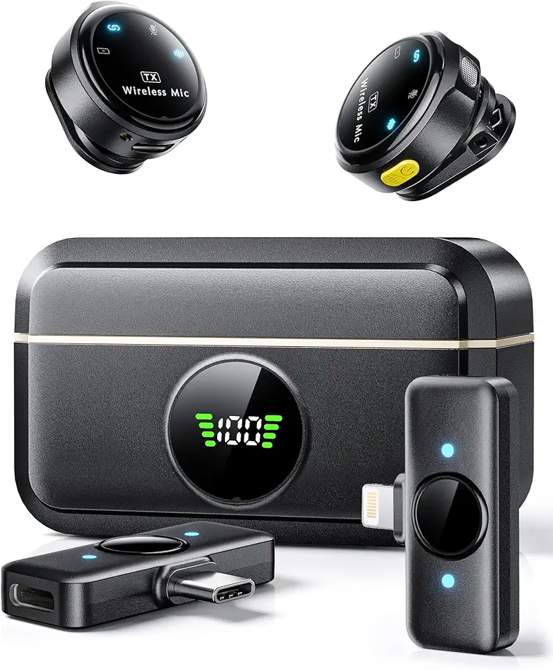Microfone de lapela sem fio para iPhone/Android Suphyee, microfones de lapela com plugue Lightning/USB-C Plug-Play, alcance de 4,5 m, microfone condensador omnidirecional para gravação de vídeo