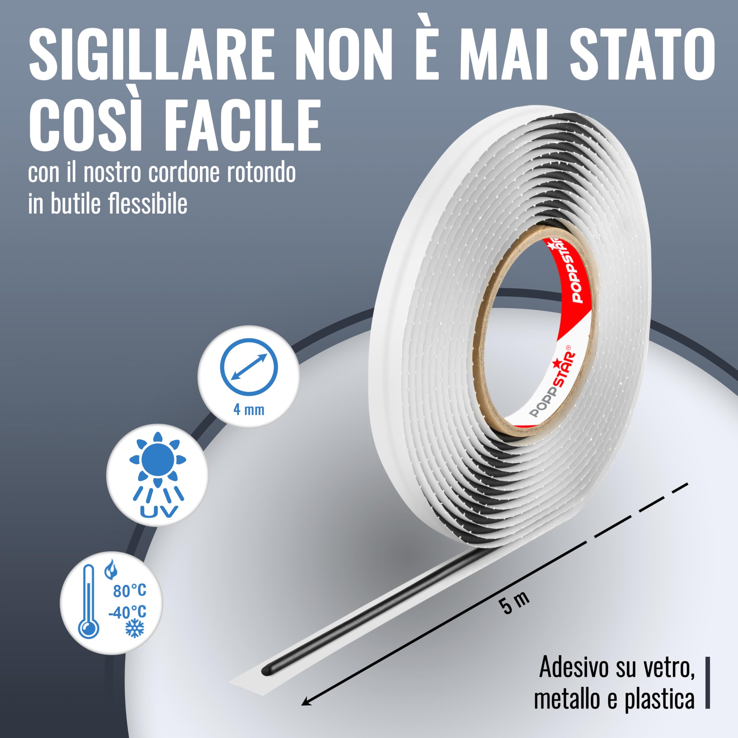 POPPSTAR Nastro adesivo butilico (5m x 4mm) Nastro sigillante autoadesivo, rotondo, colore nero