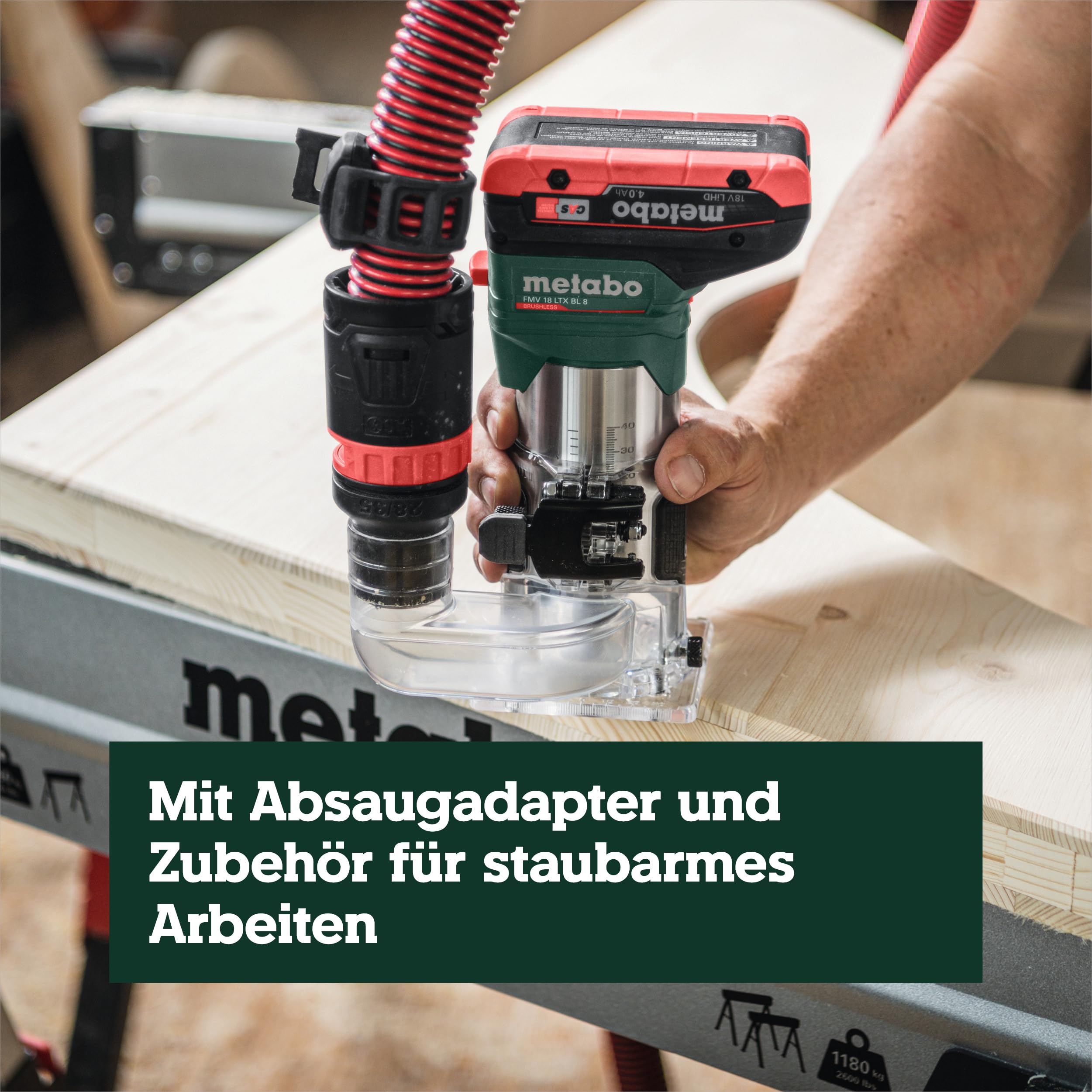 metabo FMV 18 LTX BL 8 Akku-Kantenfräse, Brushless-Motor, 6/8 mm Zangen | Variable Drehzahl 4800-29000 U/min, stufenlose Tiefeneinstellung, im Koffer metaBOX 145 L, ohne Akku und Ladegerät