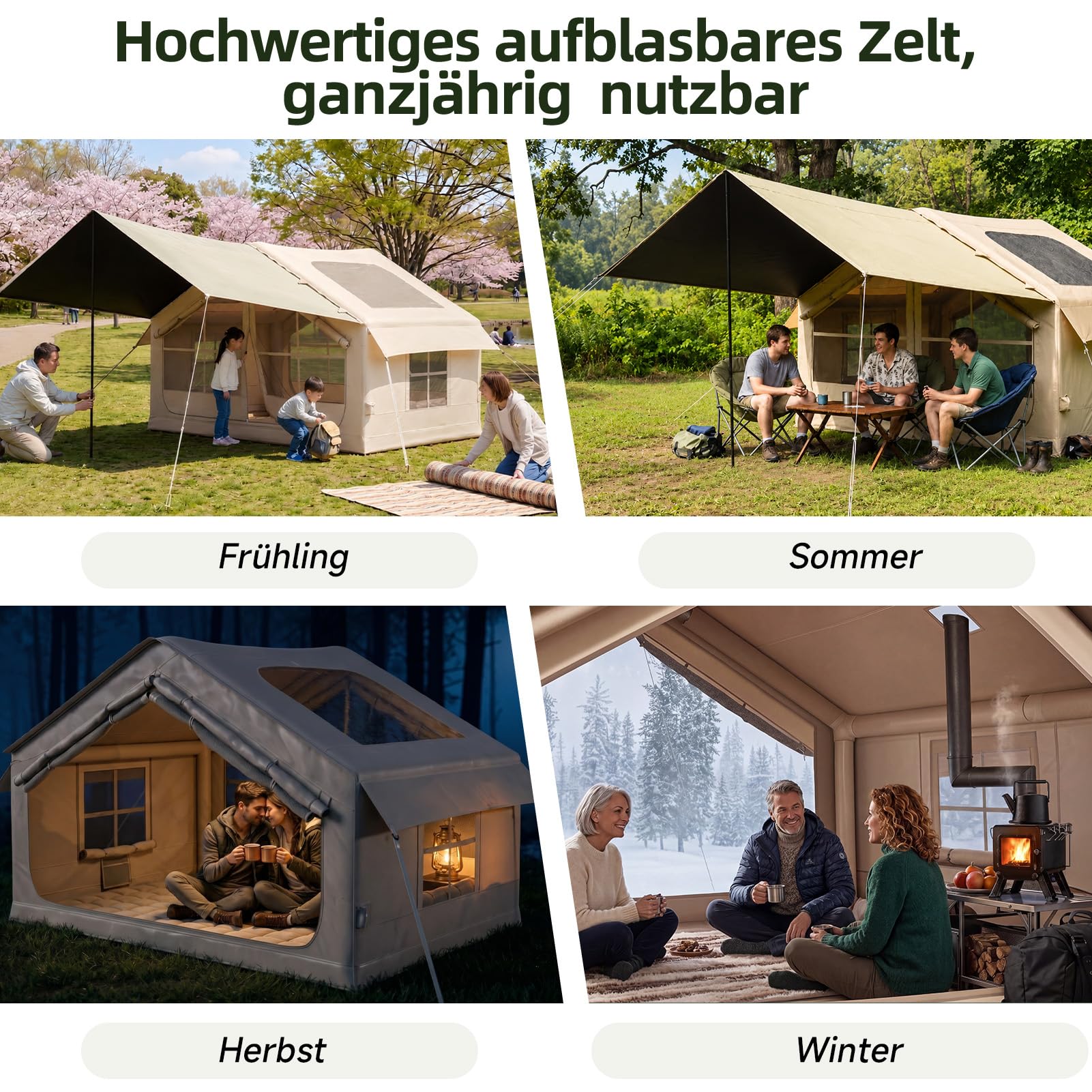 HAUSPROFI Aufblasbares Zelt für 2-4 Personen, Campingzelt mit Dachfenster & Kaminöffnung & Luftpumpe, Outdoor Zelt aus Wasserdichtem Oxford-Stoff, Schneller Aufbau