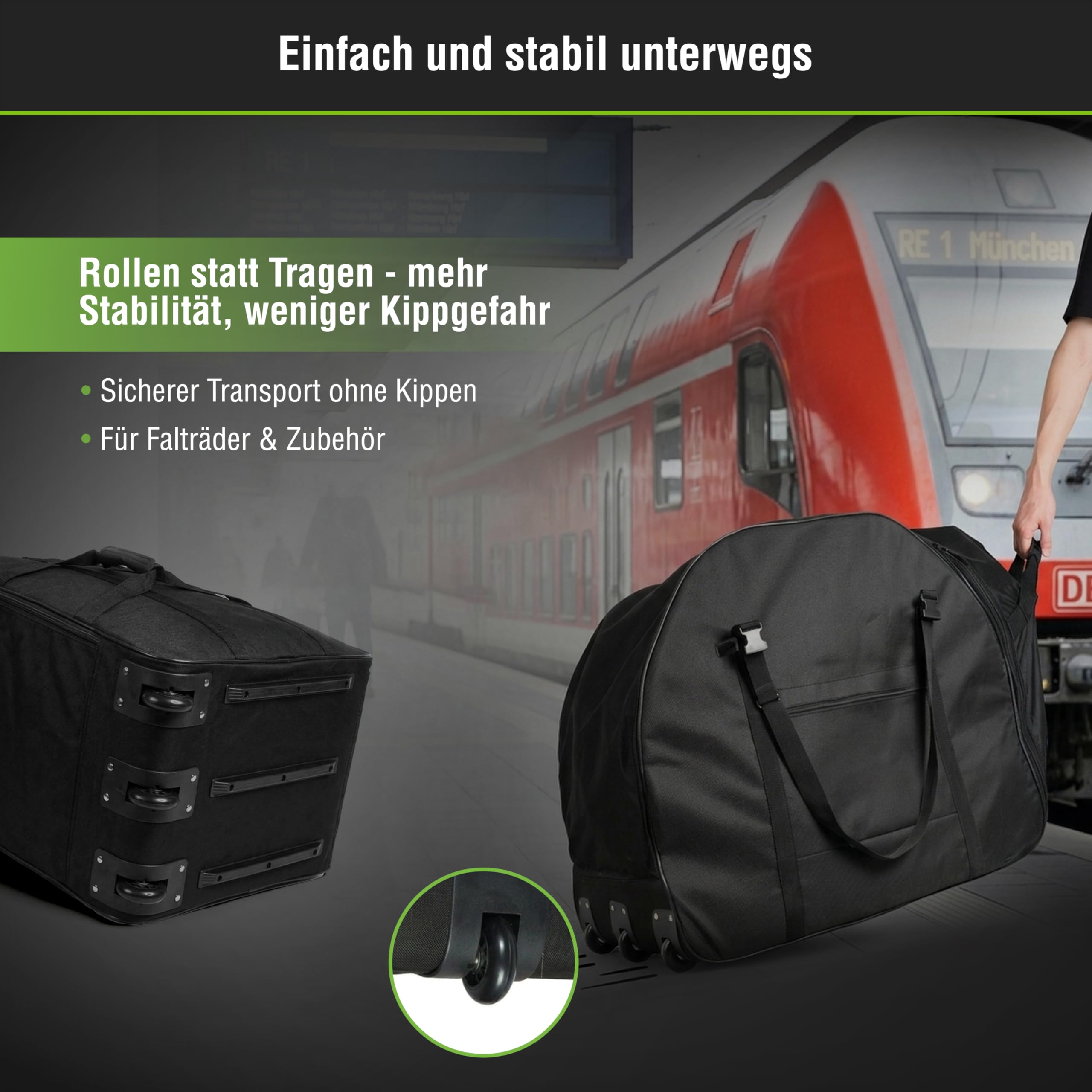 Sac de Transport Vélo Pliant et Électrique 20-22 pouces - Housse avec 3 roulettes pour un transport stable, rembourrée, fond renforcé et bandoulière, Noir