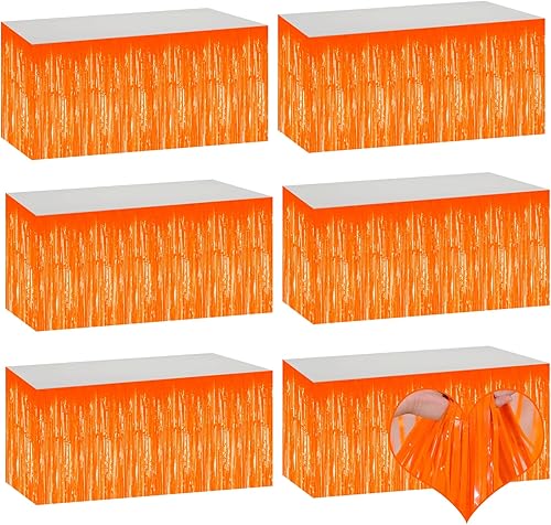 Paquete de 6 faldas de mesa de 29 x 108 pulgadas con flecos metálicos de color naranja para decoración de fiesta de oropel con serpentina, cortinas