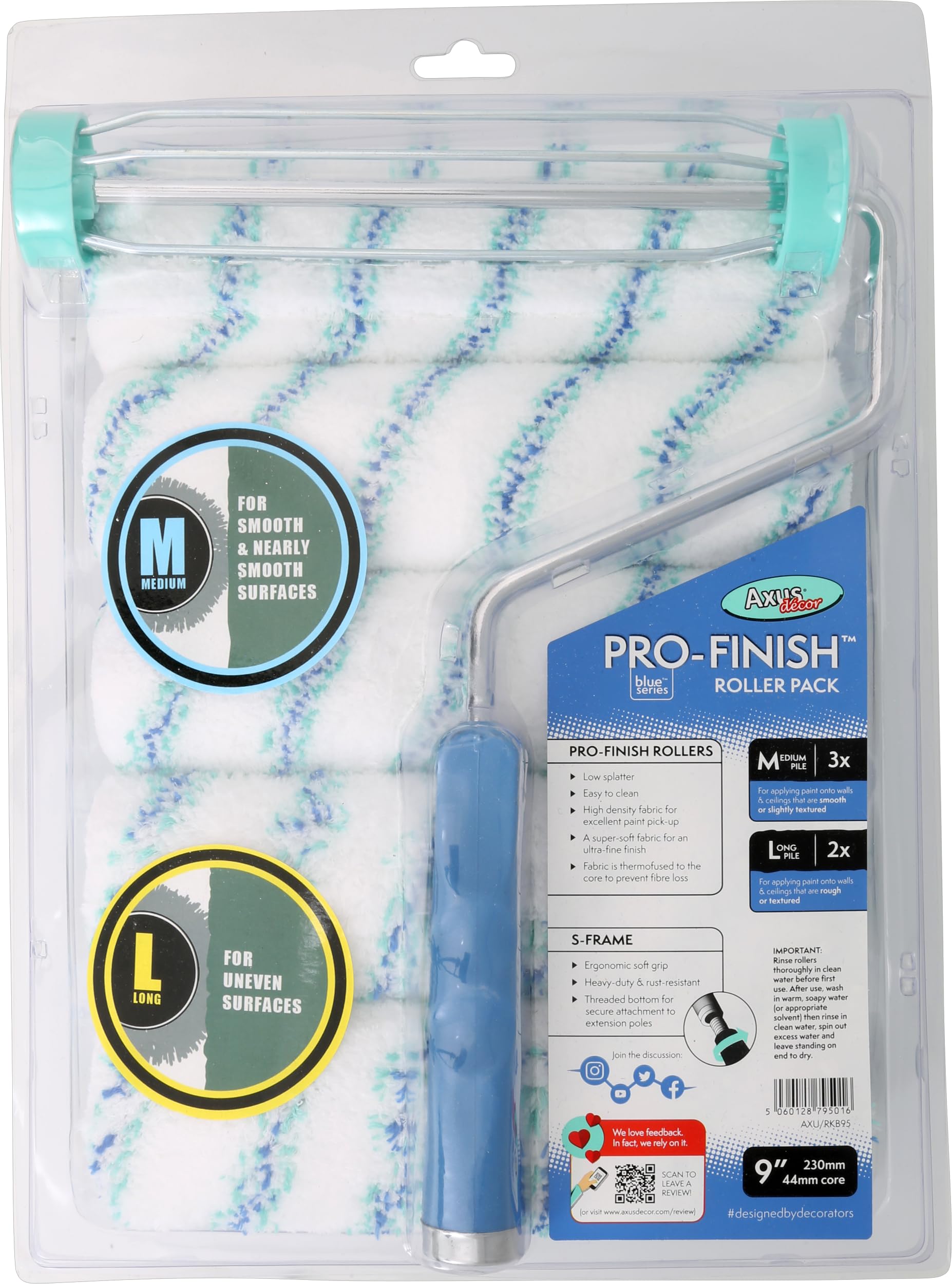 Axus Decor Blue Pro-Finish Decorators Roller Kit - 3 Medium, 2 Long & 5060128795016