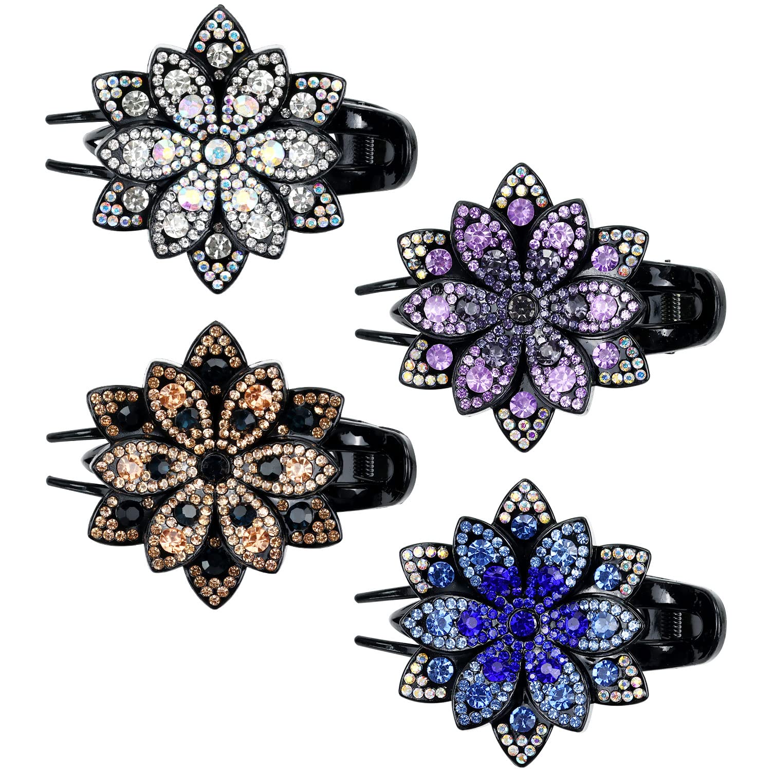 inSowni 4 Pack Luxury Fancy Glitter Sparkly Crystals Rhinestones Decorative Plastic Flower Hair Claws Clips Floral Barrettes Bun Hairpins Clamps