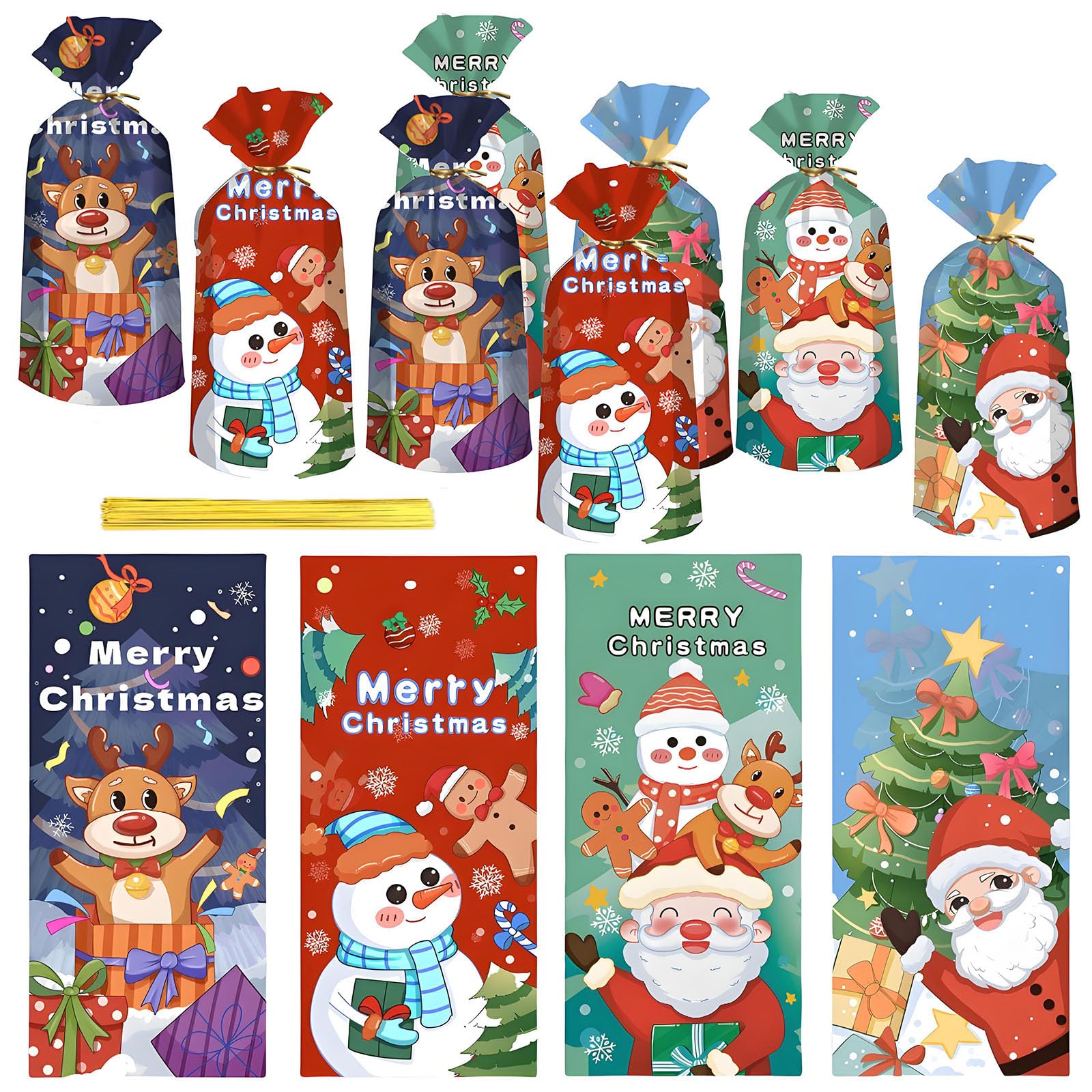 50pcs Christmas Cellophane Candy Bags,Santa Snowman Elk Xmas Sweets Bag Loot Cookie Snack Treat Bag with Twist Tie,Wonder Wrap Gift Bag for Christmas Party Favor Supplies