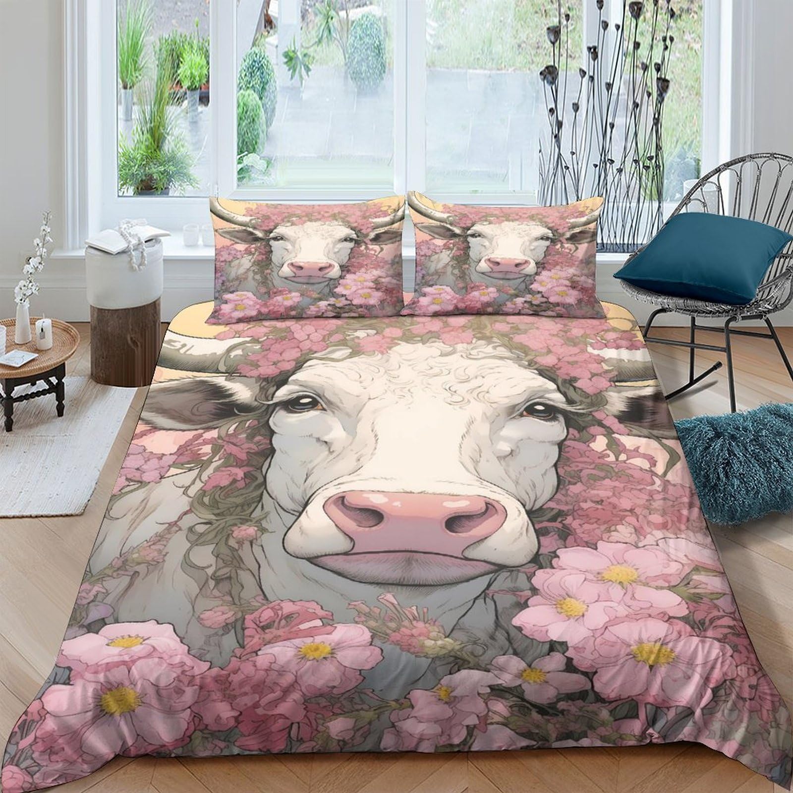 TUFRTGYHN 3D Printed Cow Floral Duvet Cover Microfiber Soft Breathable Animal Bedding Set with 2 Pillowcases for Bedroom Decor, Single（135x200cm）