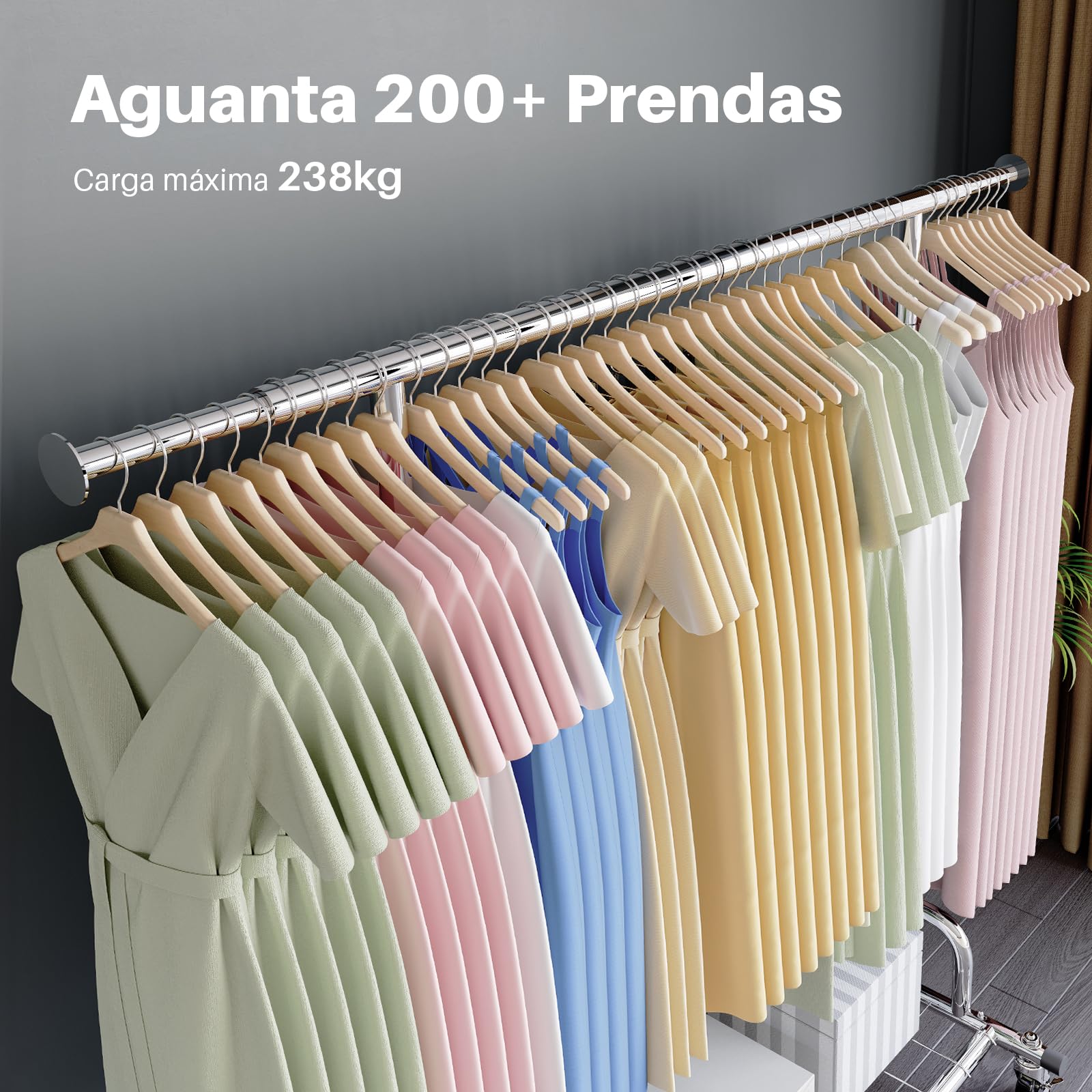 HOKEEPER Burro de Ropa Resistente 238kg, Barra Extensible con Ruedas Bloqueables y Estante, Ahorra Espacio para Dormitorio, Apartamento, Lavandería, Plateado