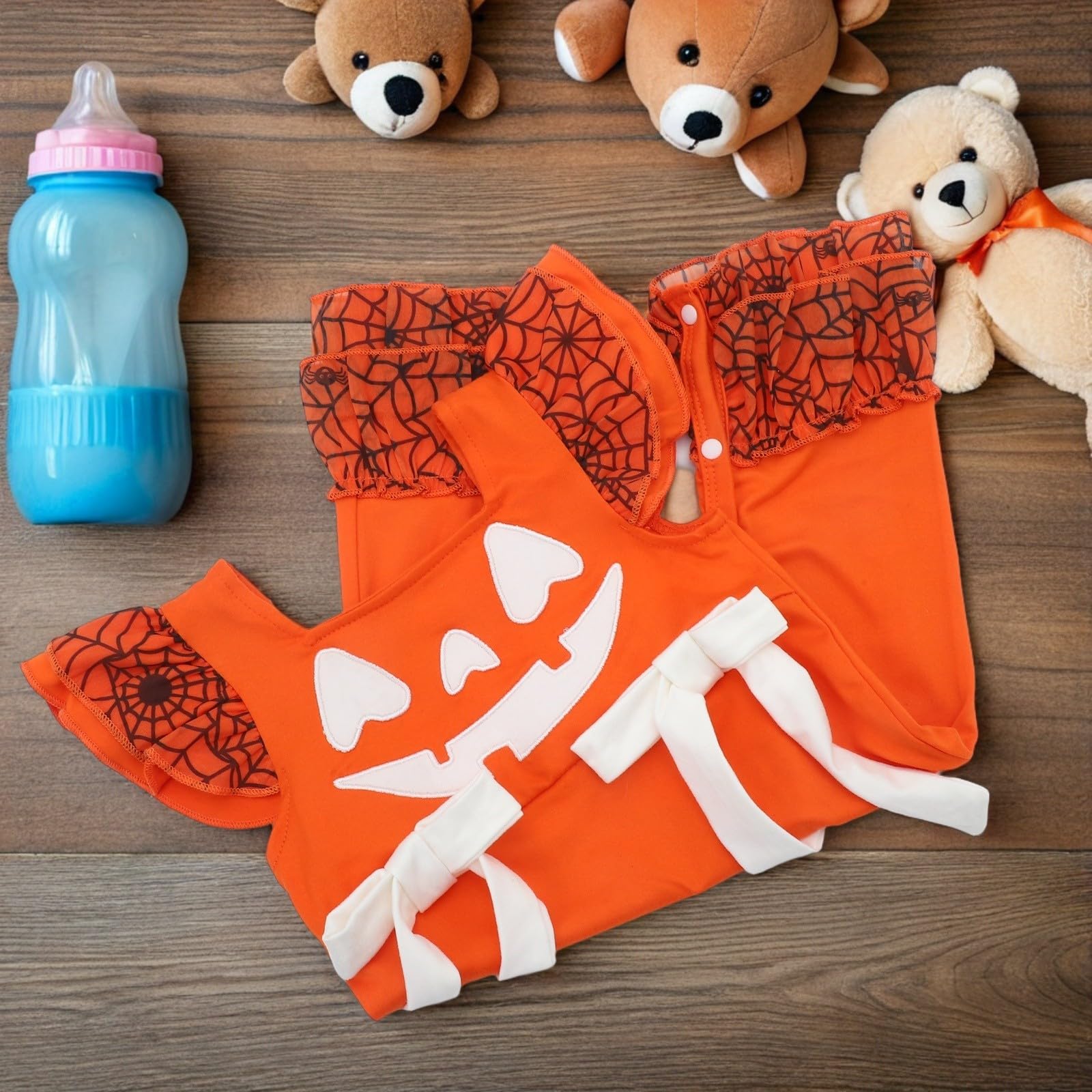 Healvian 4 Pezzi Tutina di Halloween per Neonata in Morbido Cotone, Costume Zucca Arancione Stampa Giocosa, Design Creativo per Feste di Halloween