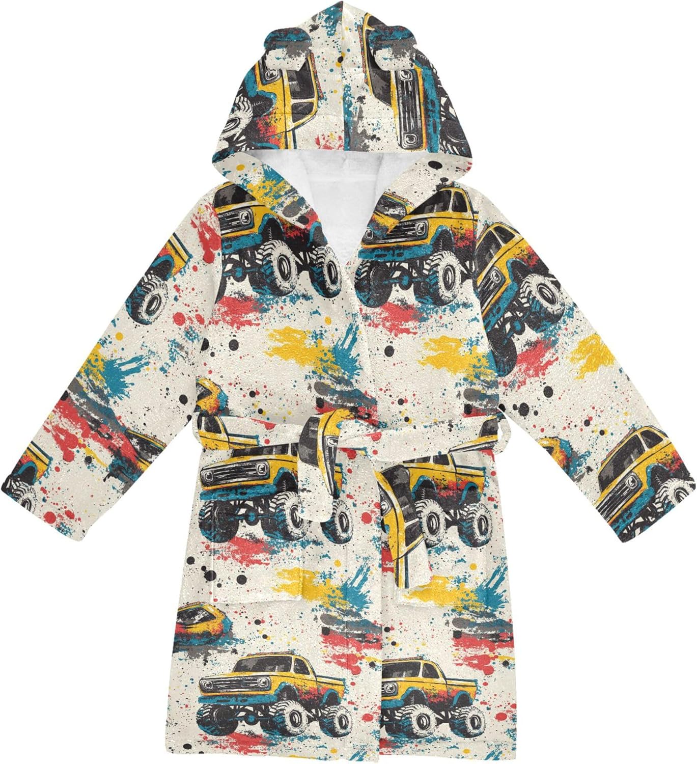 Yellow Monster Trucks Bathrobe Hooded PJ Robe Soft Fleece Robe Pajama Sleepwear 2-12 Years