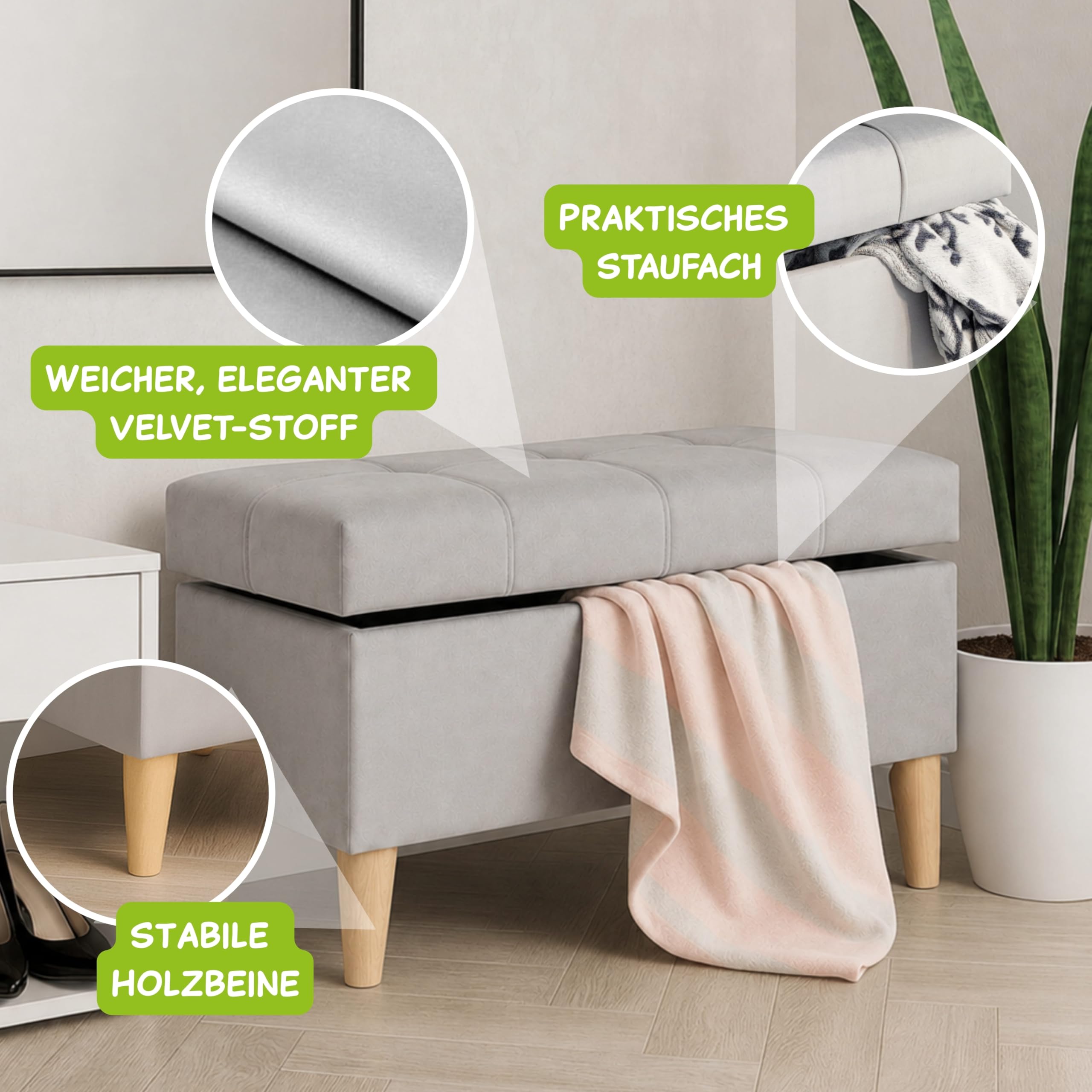Outentin Gepolsterter Velvet Puff – Hocker & Sitzwürfel mit Stauraum, klappbarer Fusshocker und Fußablage für Wohnzimmer & Flur – Stabiler Sitzhocker mit Buchenfüßen, 70 × 42 × 37 cm, Grau Ottoman